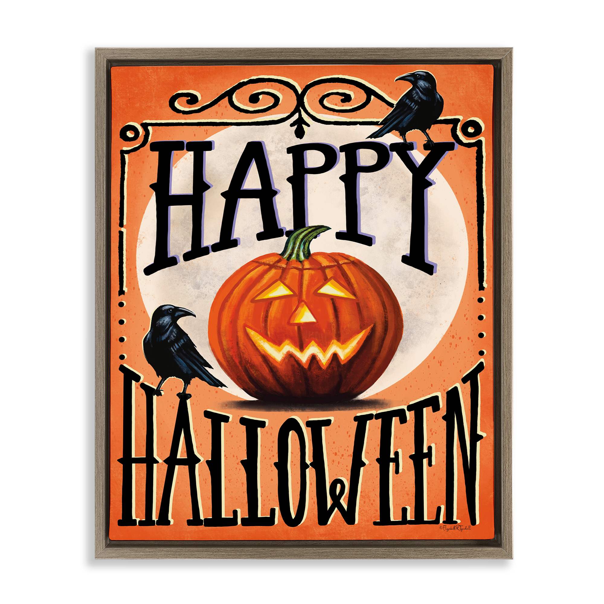 Stupell Industries BS-668-FFE-24X30 Happy Halloween with Crows Brown Framed Floater Canvas Wall Art By Elizabeth Tyndall 25 x 31