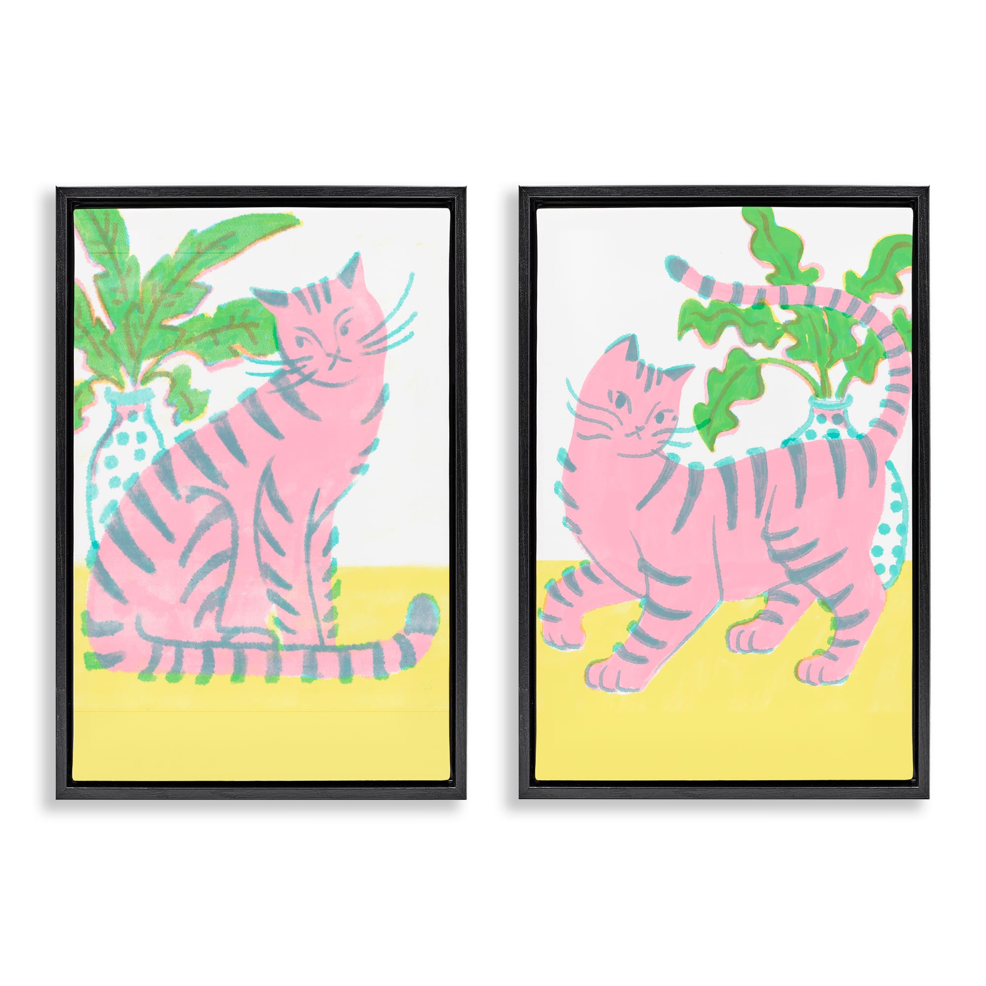 Stupell Industries B2-890-FFB-2PC-20X30 Pastel Pink Cats and Plants 2 Piece Black Framed Floater Canvas Set By Hannah Moren 21 x 31