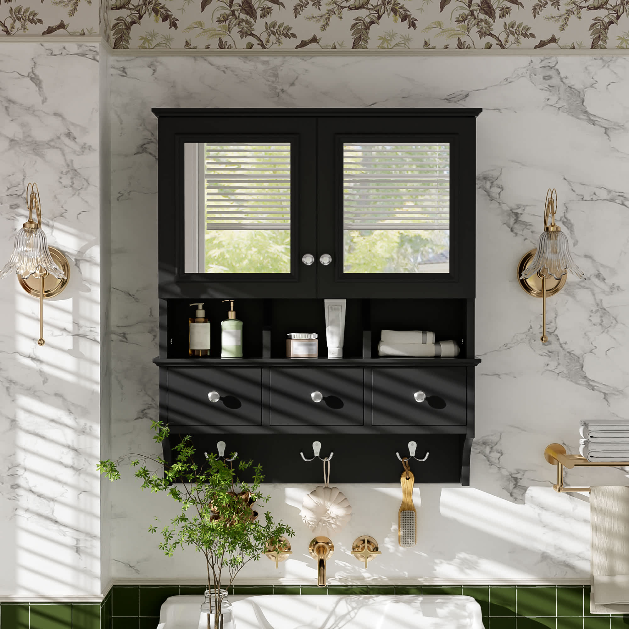 Ama Pear 24 Inch 4in1 Wall Mounted Bathroom Mirror Cabinet with Drawers Hooks SoftClose Hinges