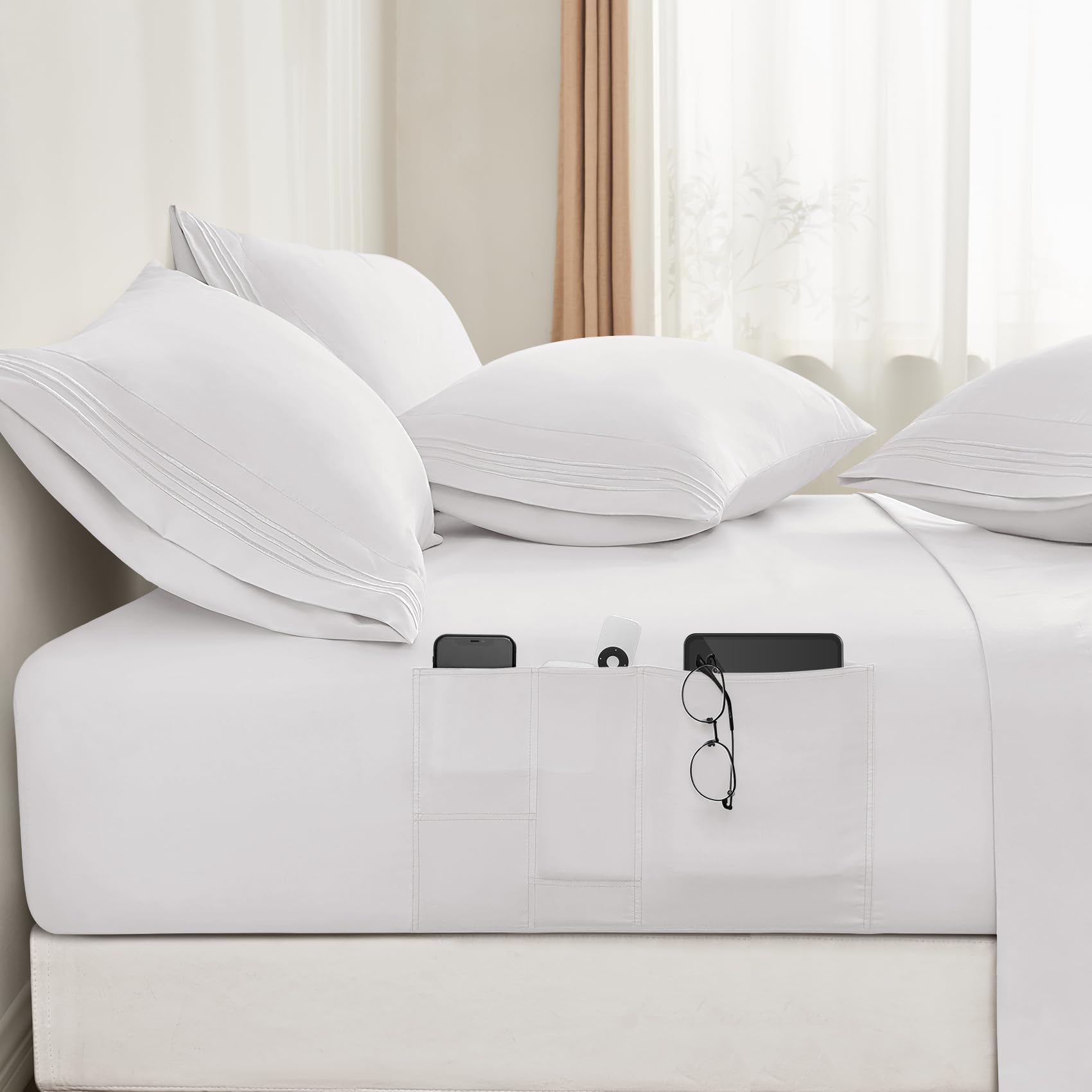 Yichuhaoxi  6 Piece Full Size Bed Sheet Set with Side Storage Pockets Hotel Embroidered Microfiber Deep Pocket Sheets for 16 Inch Mattress White