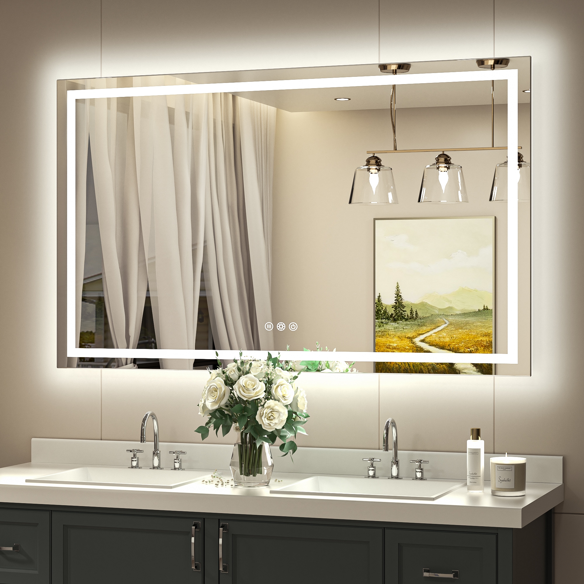 Keonjinn LW-JZ-ZBGSSW2-12176 Bathroom Mirrors 48-in x 30-in Polished Frameless Rectangle Dimmable LED Lighted Fog Free Bathroom Vanity Mirror ( Bright White )