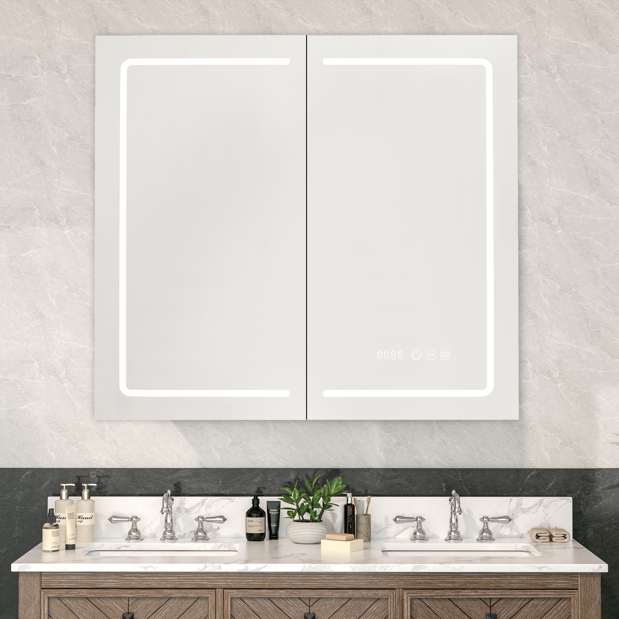 JEAREY JE-LDCWD-DG 32-Inches x 27-Inches Lighted LED Fog Free Surface/Recessed Mount White Mirrored Rectangle Soft Close Medicine Cabinet with Outlet