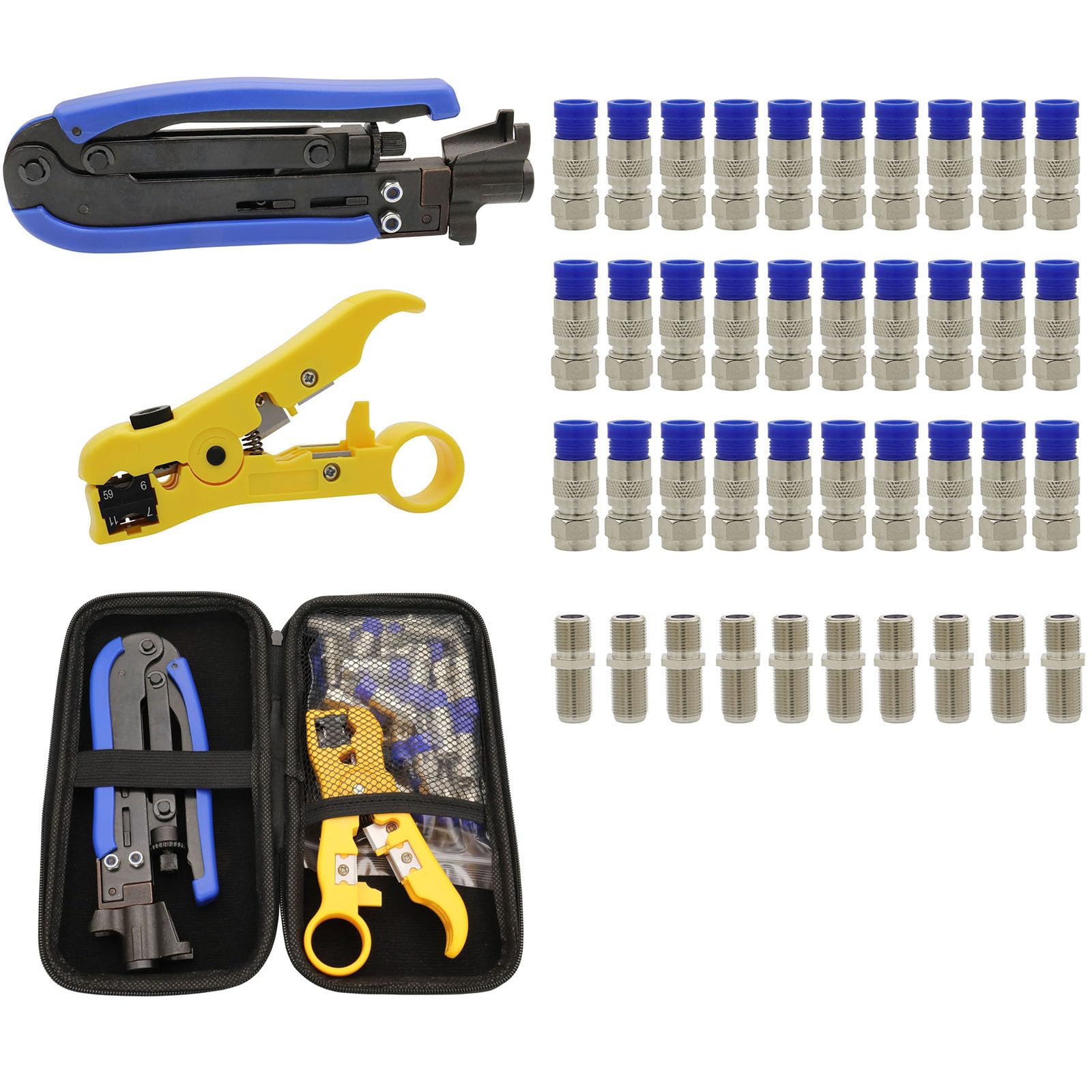 SenQWFa  Professional Coax Cable Crimper Kit with Wire Stripper and RG6 Compression Connectors for TV Satellite and Home Network Coaxial Cable