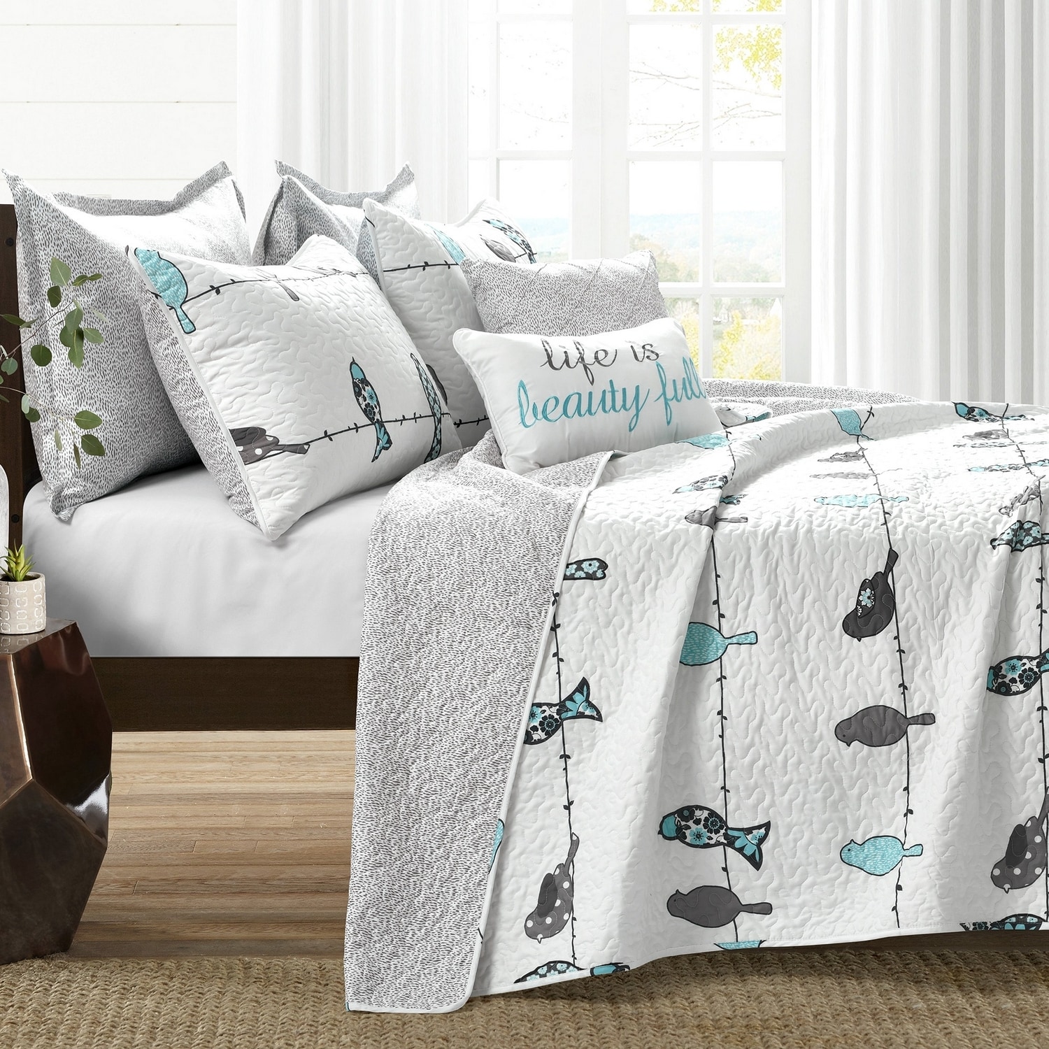 Blue and Gray Microfiber Reversible Full/Queen Quilt Set