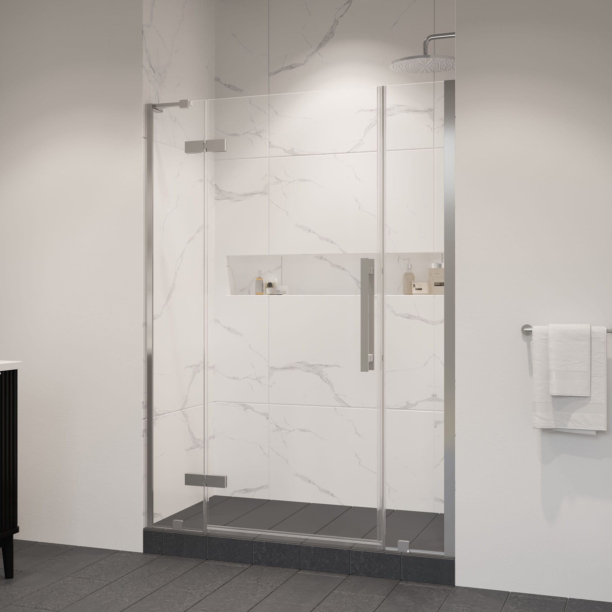 OVE Decors 15SGP-TAMP54-SAT Tampa Satin Nickel 51-11/16-in to 54-1/16-in W x 72.01-in H Frameless Pivot Shower door 5/16-in Thick Clear Glass