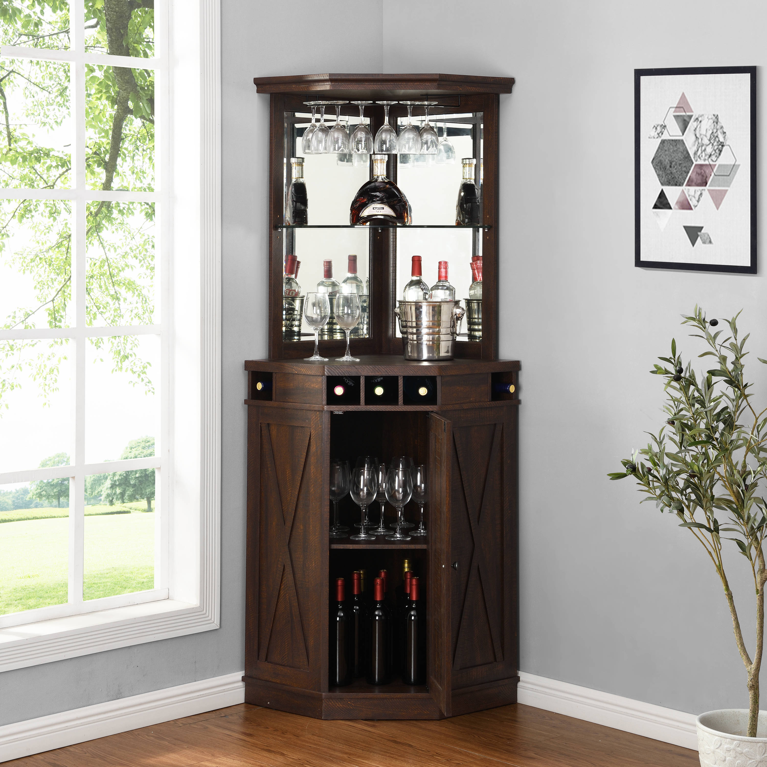 Industrial Corner Bar Cabinet with Glass Holder and Adjustable
