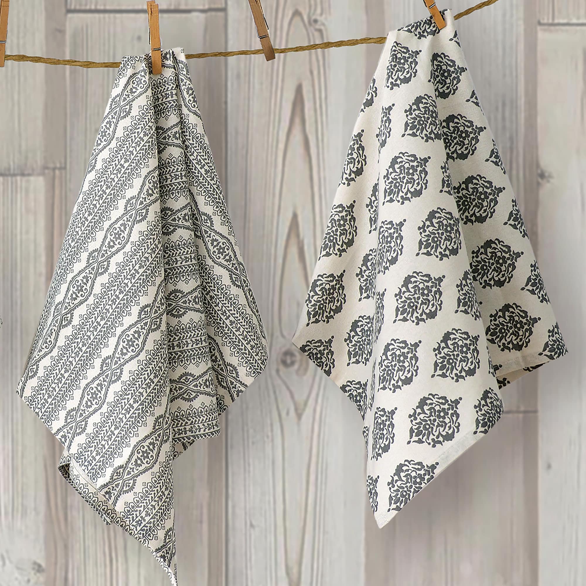 Gray Assorted Print Cotton Kitchen Towels Set of 4