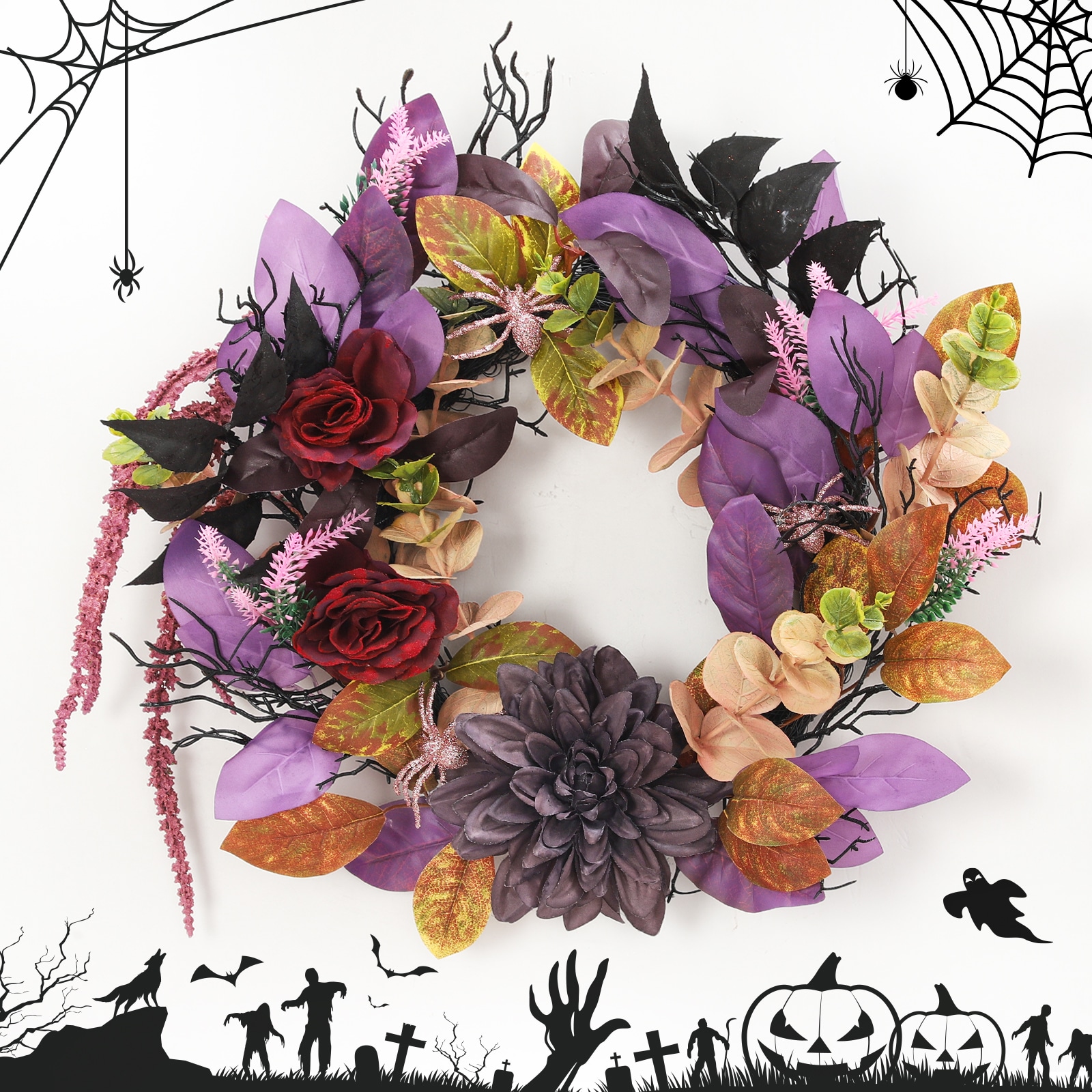 Garvee 18 Inches Halloween Wreath Fall Wreaths for Front Door Window Decor for Indoor Outdoor Wall