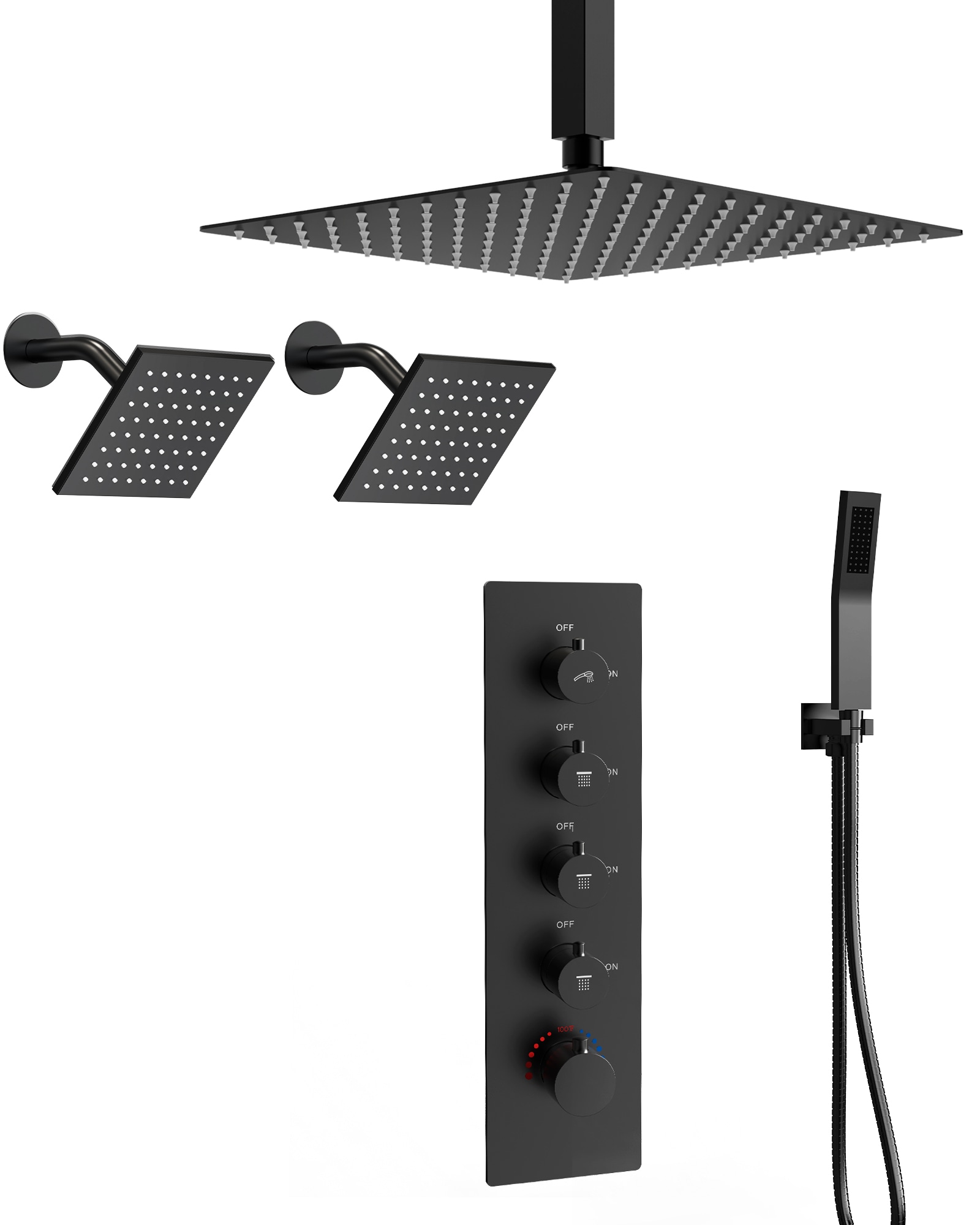 YAWWALK  Thermostatic 15 Spray 16 in and 6 in Triple Ceiling and Wall Mount Showerheads with Handheld Combo Valve Matte Black