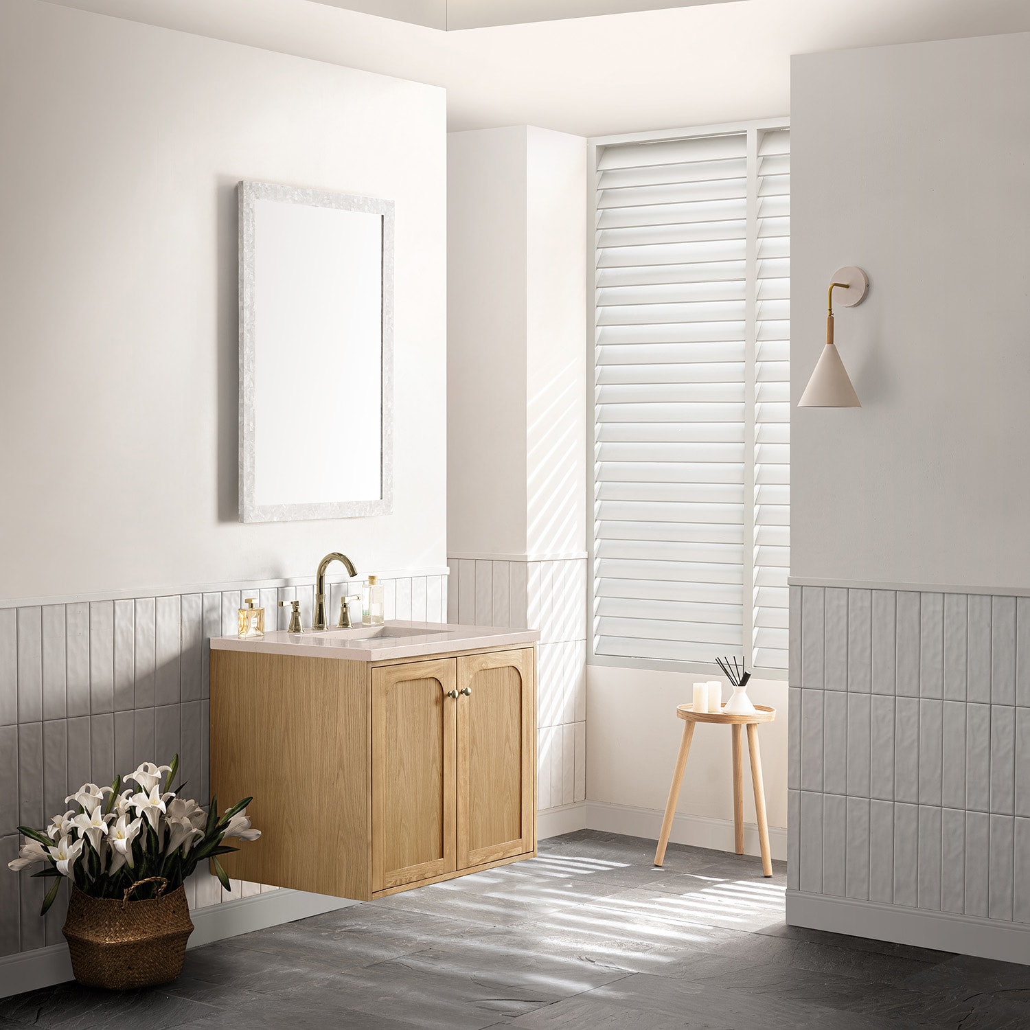 Laurent 30" Light Natural Oak Wall-Mount Single Vanity with Eternal Marfil Top