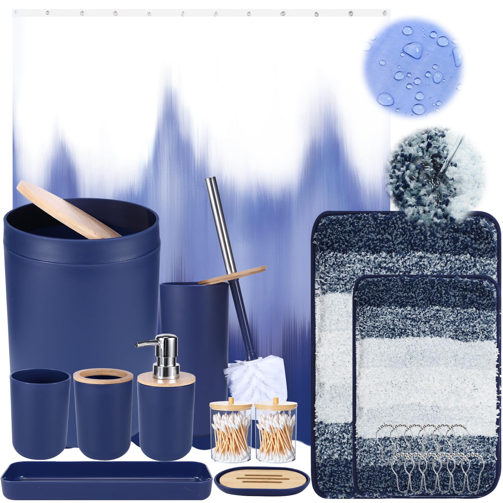 Lovav - Navy Blue Bath Set Shower Curtain Bath Rug  8 Piece Plastic Bathroom Accessory Set With S...