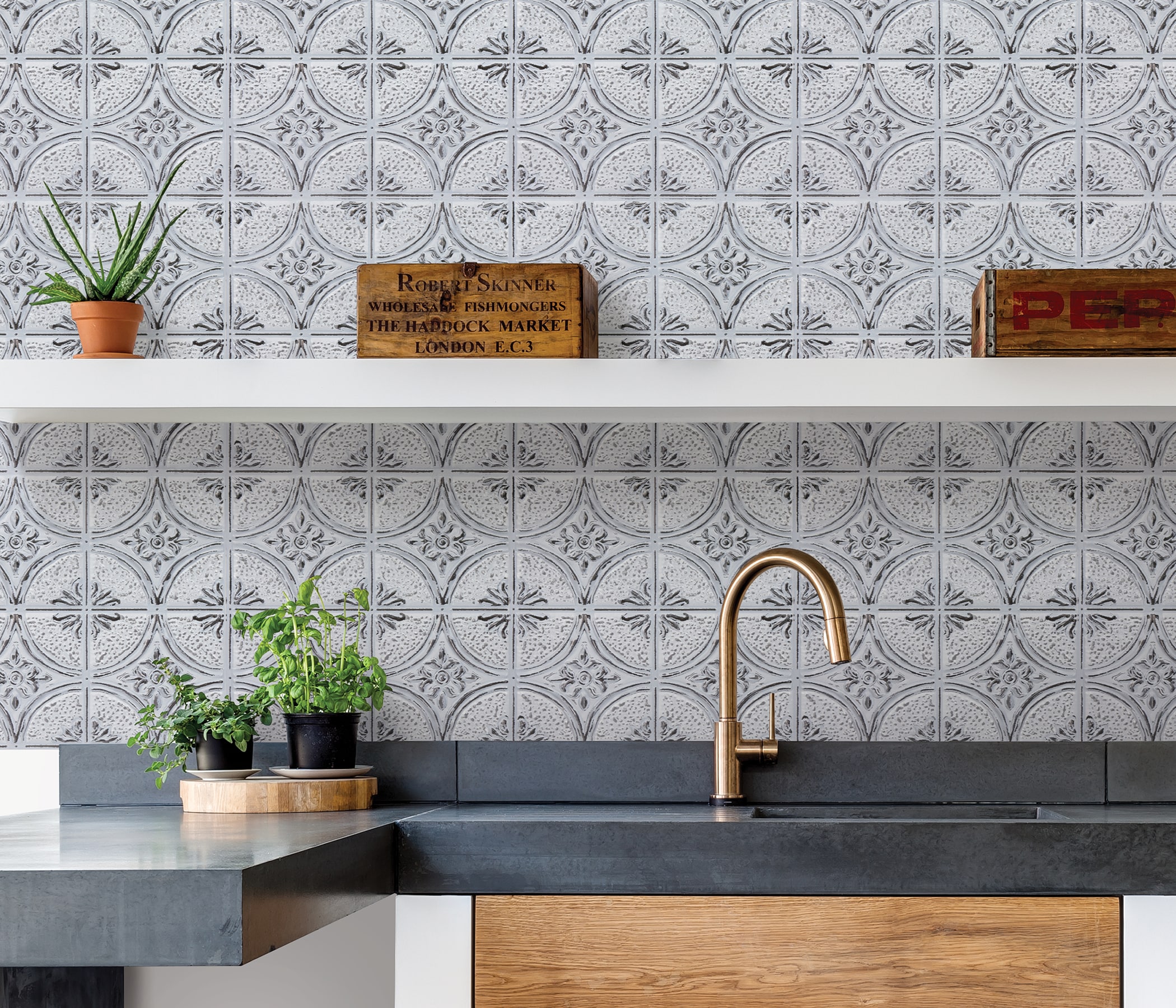Camden Antique White Faux Tin Geometric Backsplash Tiles