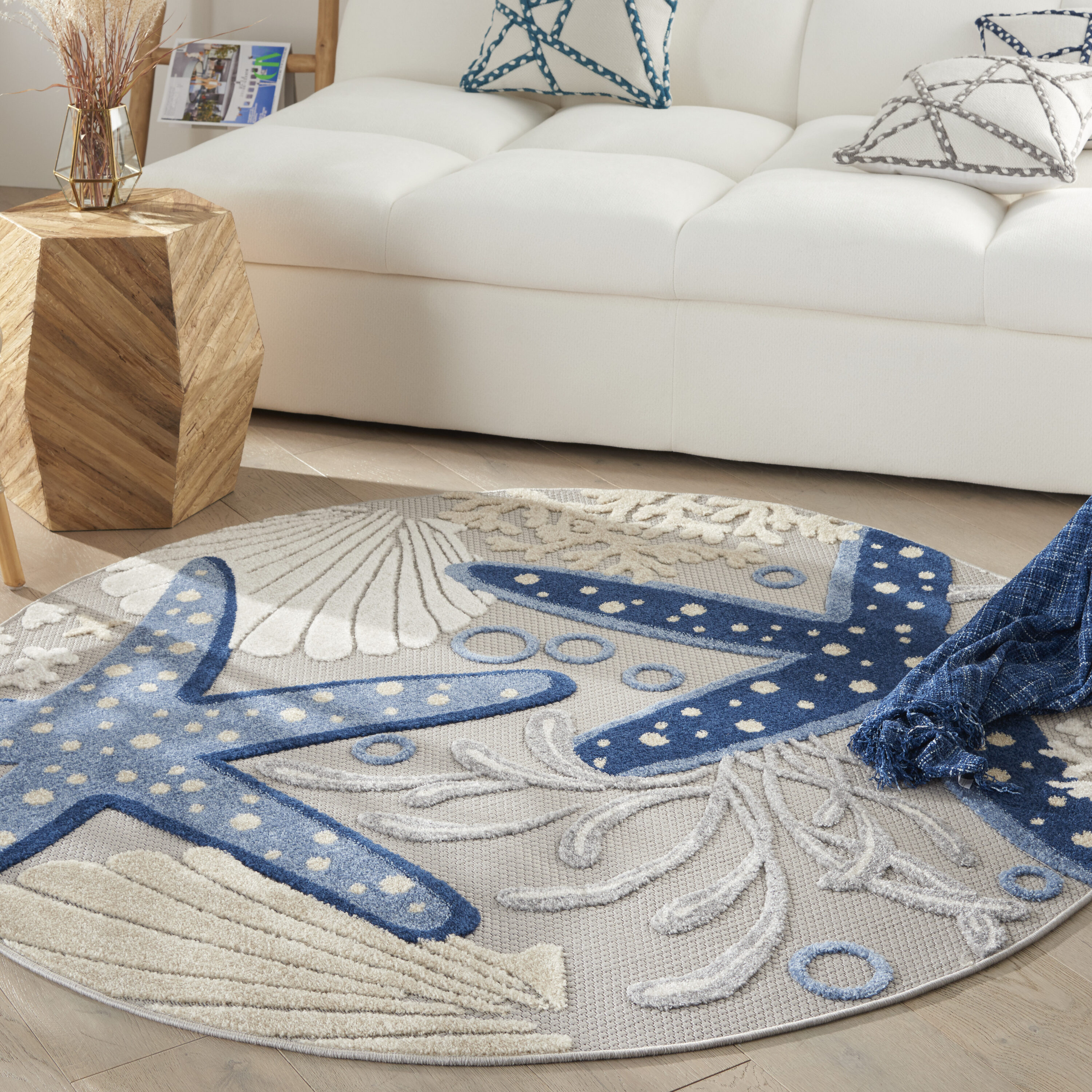 Nourison 99446828521 Aloha 5 x 5 (ft) Loomed Polypropylene Blue/Grey Round Indoor/Outdoor Floral/Botanical Coastal Area rug