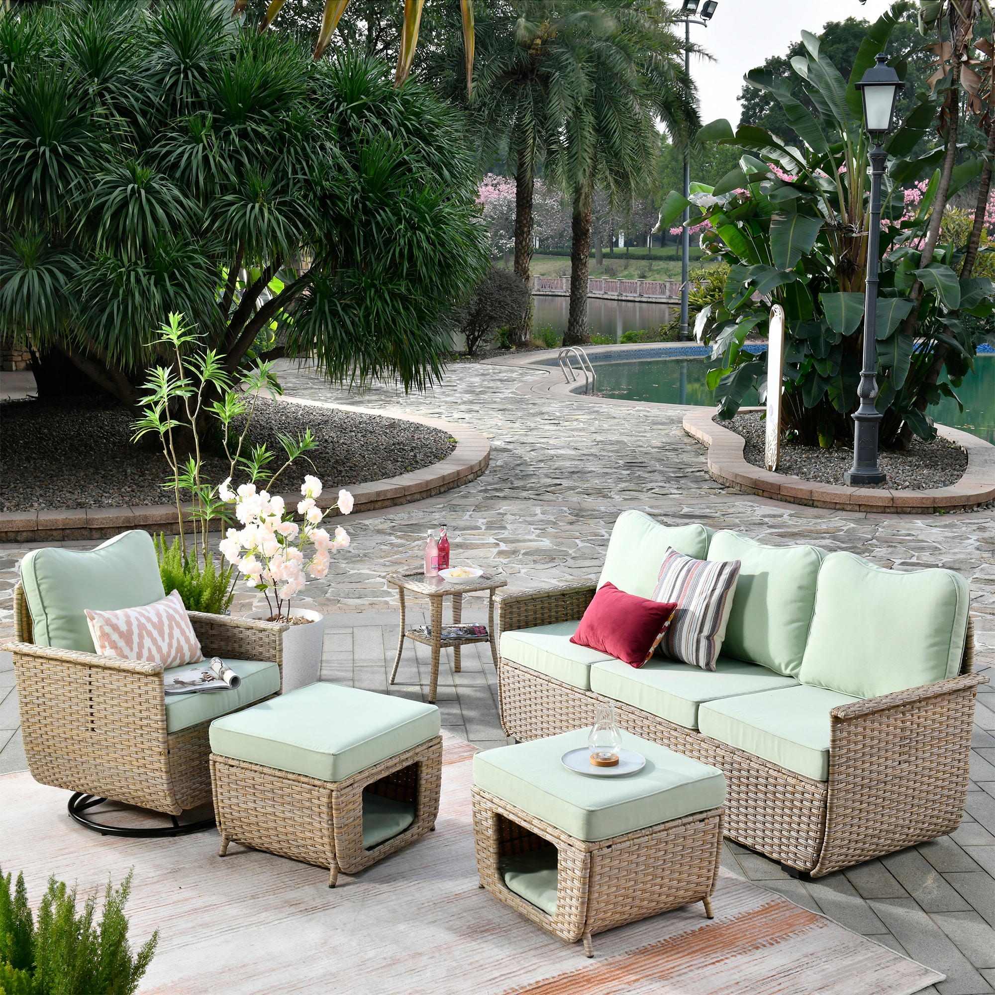XIZZI XIMW902-5RC Artemis 5 -Piece Wicker Patio Sofa Conversation Set with Green Cushions
