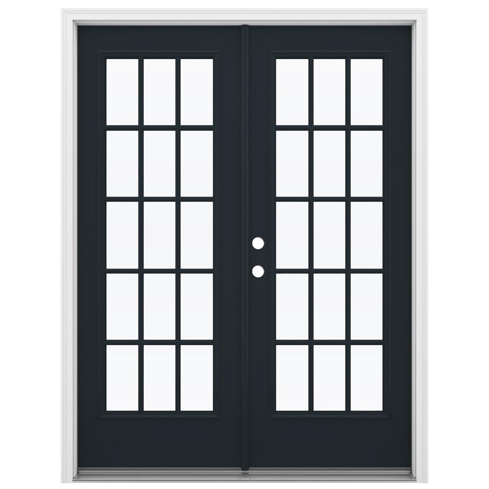 JELD-WEN LOWOLJW238700099 60-in x 80-in x 4-9/16-in Jamb Low-E External grilles , Black Steel Right-hand inswing French Double Patio Door Brickmould Included