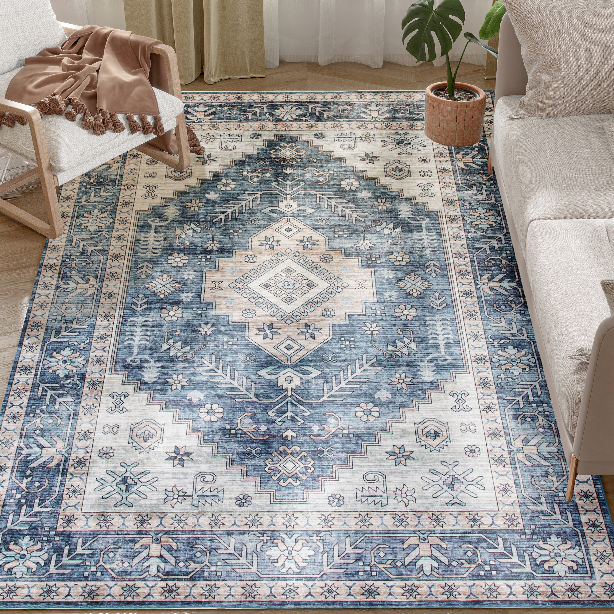 Tinyhomie 5x7 Area Rug Vintage Washable Rug Non Slip Floor Carpet for Living Room Bedroom Dining Room Blue