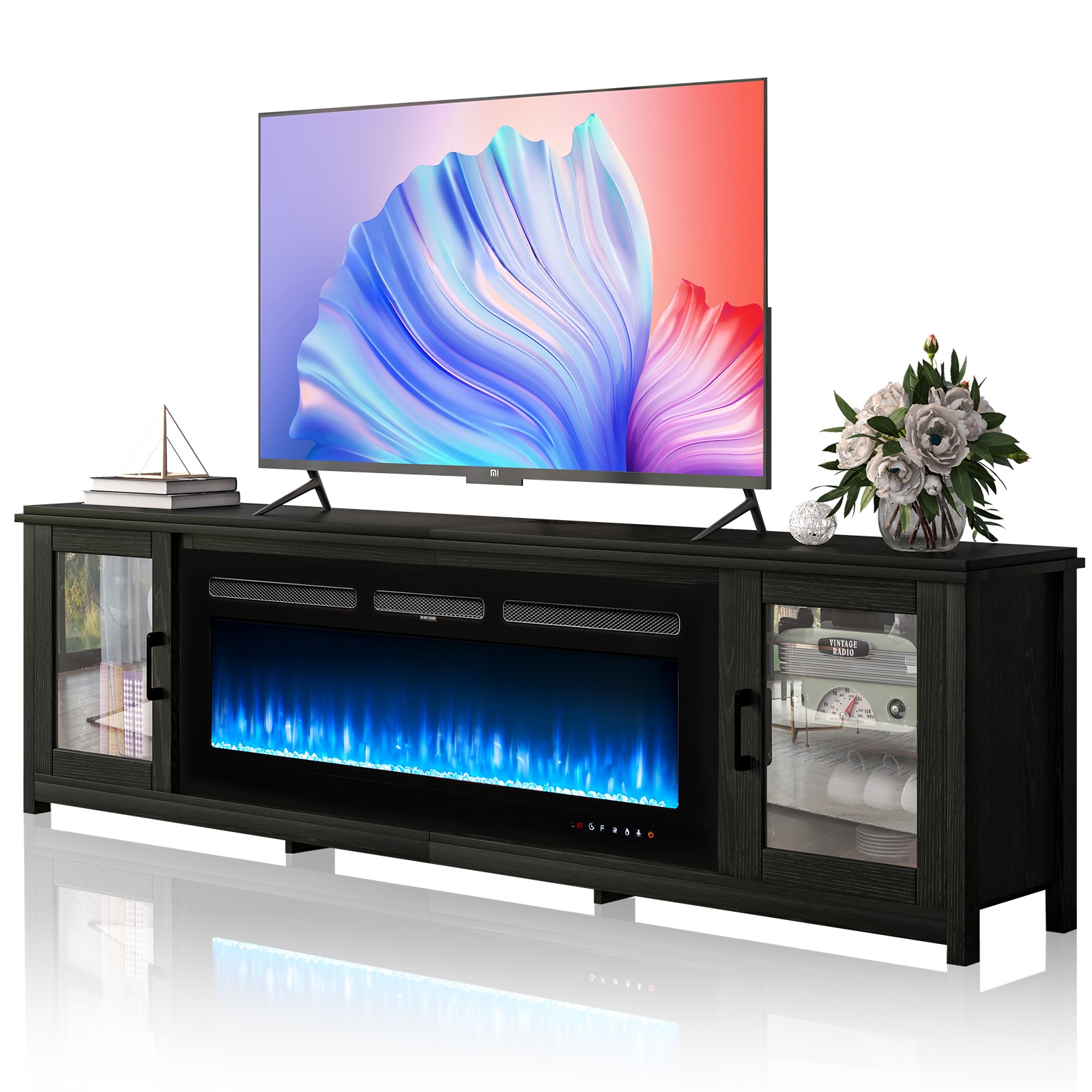 AOXUN 80.7-in W Black TV Stand with LED Electric Fireplace H21029+H20025 Sansujyuku sansujyuku.com