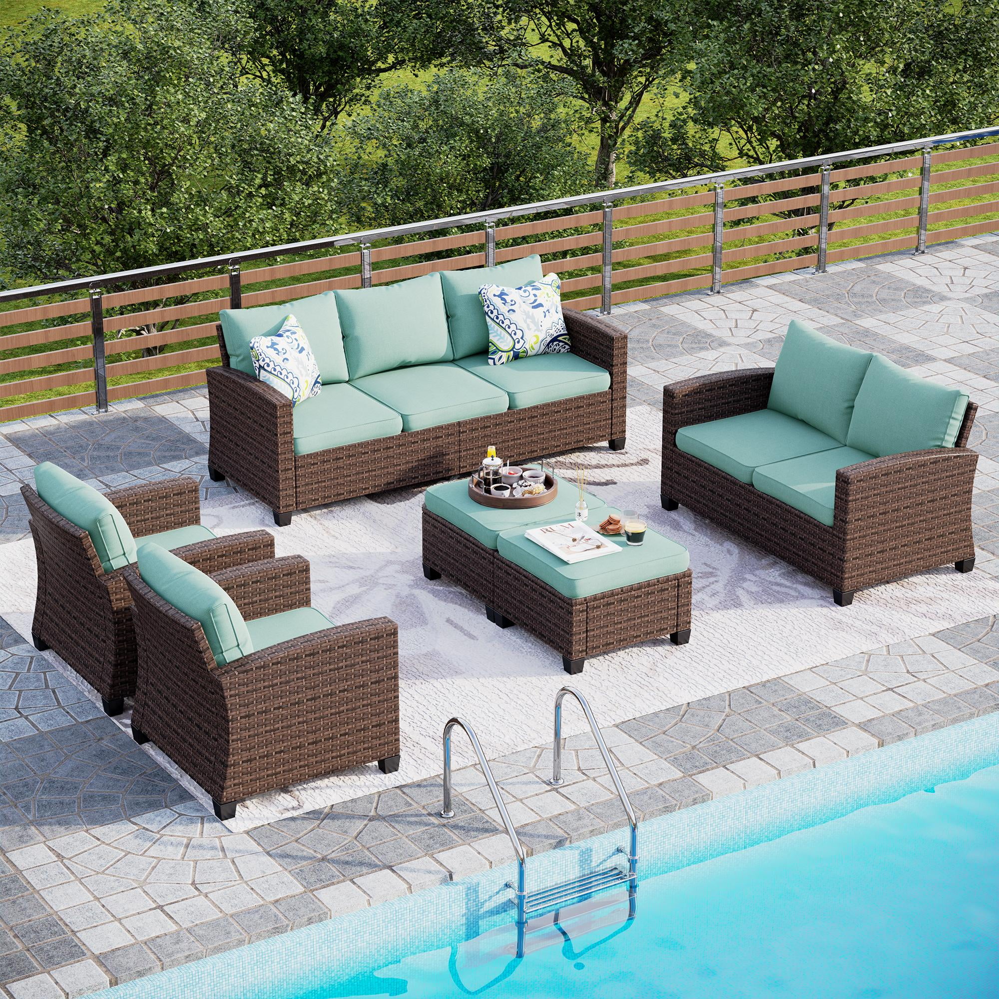 Sunshine Valley CR007-02-9-BU 6 -Piece Wicker Patio Sofa Conversation Set with Blue CUSHION PRO Cushions