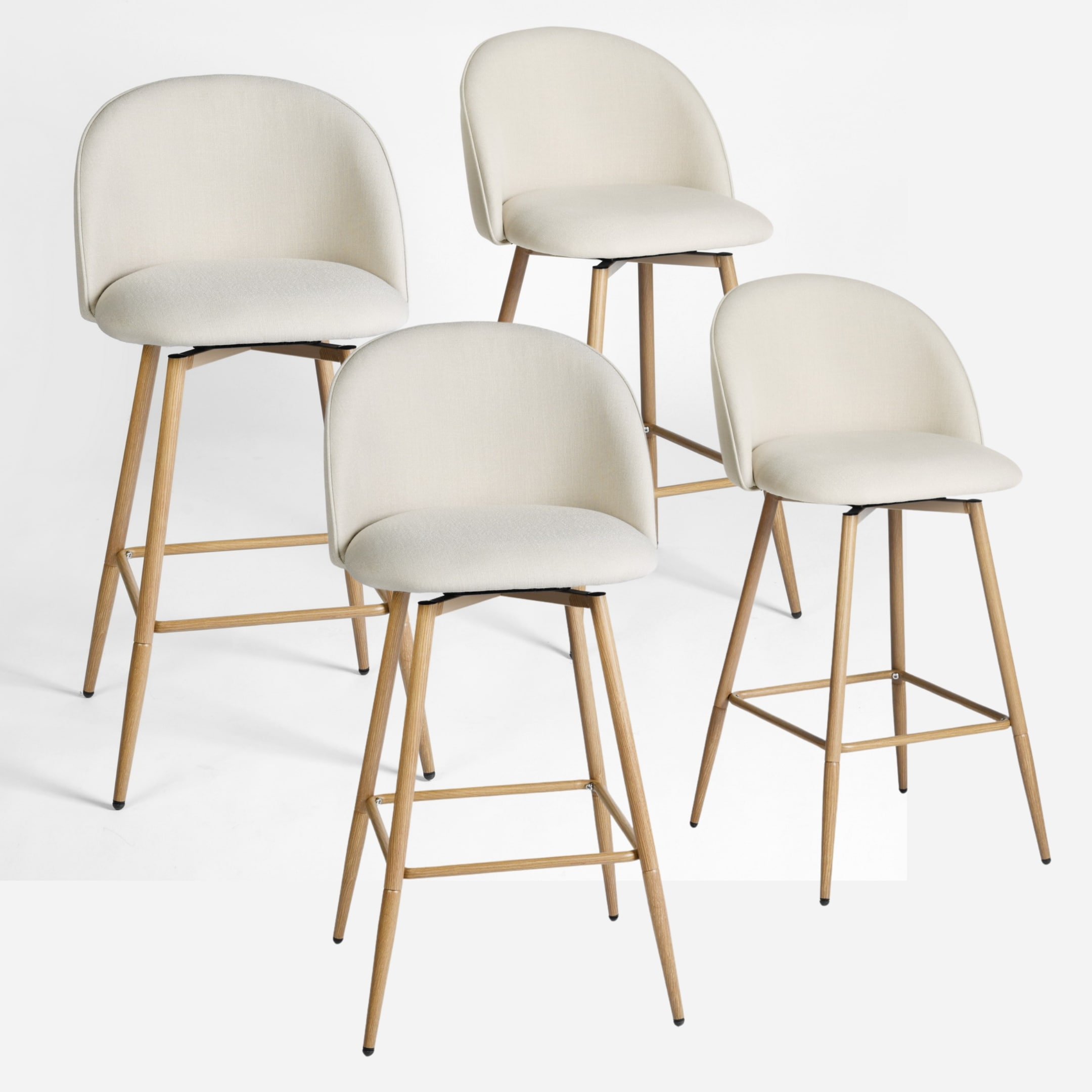 Homy Casa HASEEB BEIGE 4 HASEEB 26 in. Modern Swivel Upholstered Counter Height Bar Stool with Curved Back Ivory White Fabric and Oak Legs (Set of 4)