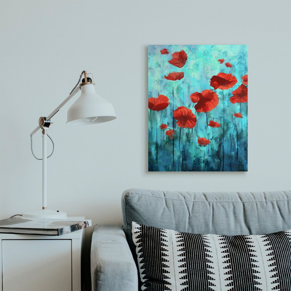 Vibrant Red Poppies on Blue Canvas Wall Art for Kids Nursery