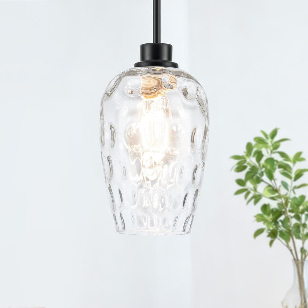 Henveton Jasslynn 60W 1-Light Modern Black Adjustable Height Pendant Light with Hand-Blow Hammered Glass for Kitchen Bedroom