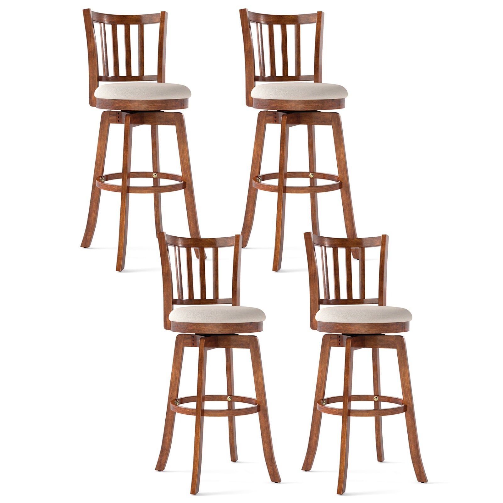 SUGIFT Set of 4 Swivel Counter Height Bar Chairs 29-in with Upholstered Seats and Curved Backrests 360-Degree Rotation 350-lb Capacity Solid Rubberwood Frame Breathable Polyester and 14-in Footrests for Home Bars and Pub Tables and Kitchen Islands