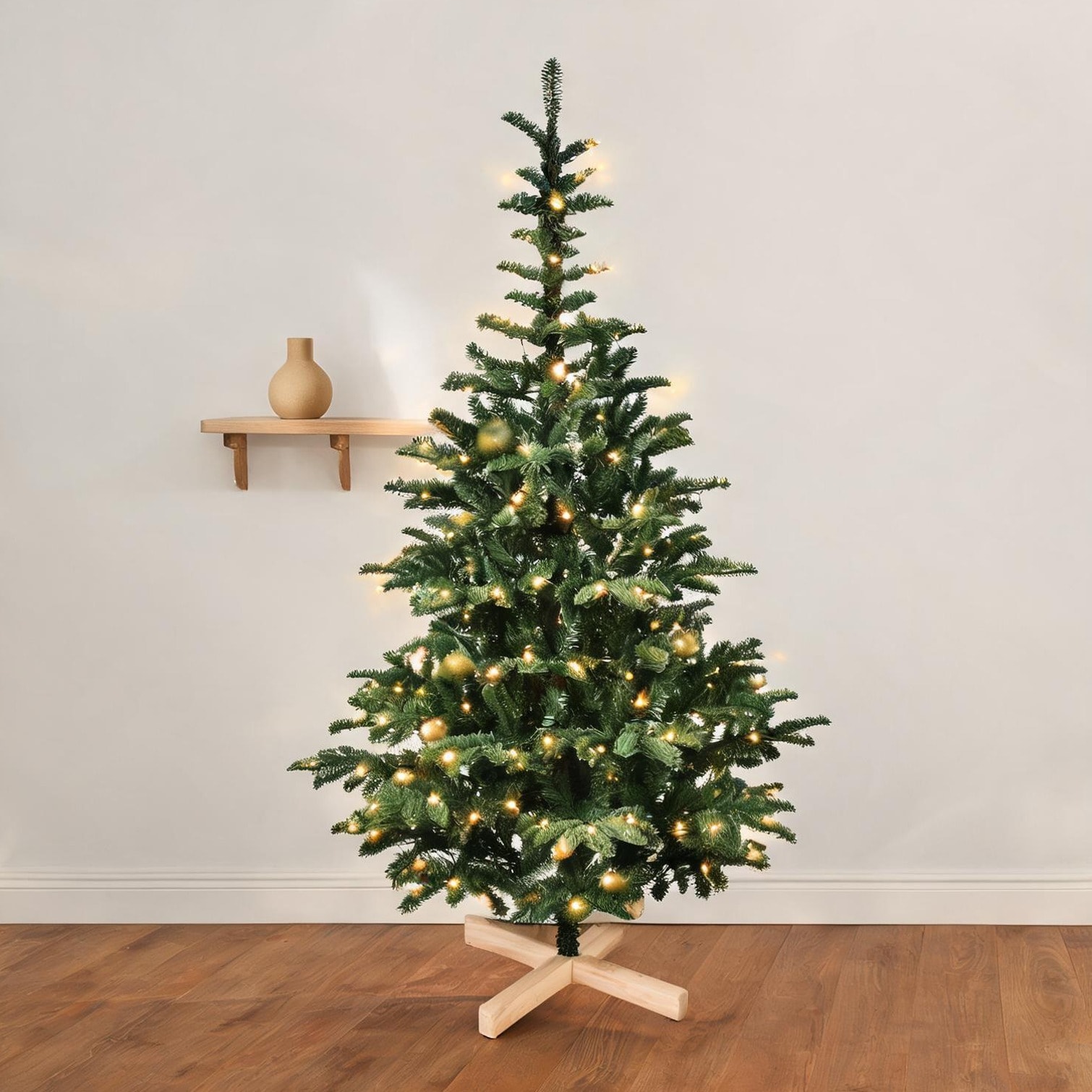 FlowLuxe 8ft Pre-Lit Artificial Christmas Tree Hinged Green Fir with 1307 Mixed Tips Warm LED Lights Foldable Stand