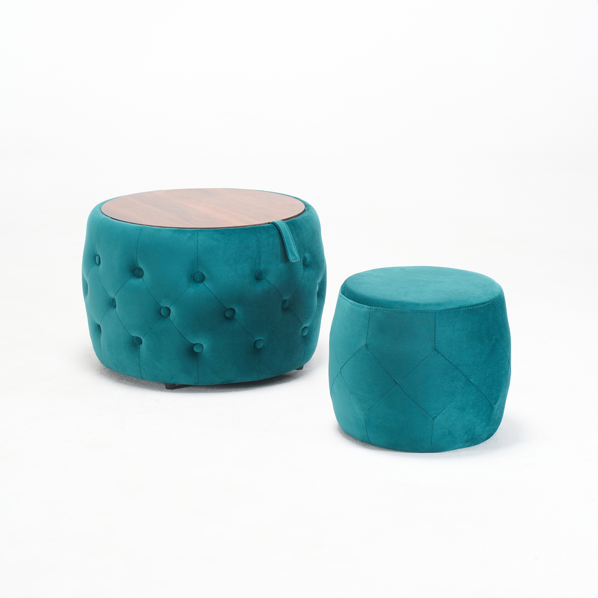 JPJPUU 4-in-1 Round Blue Storage Foot Stool Function Luxurious Velvet Nesting Ottomans of 2 with Wood Tray