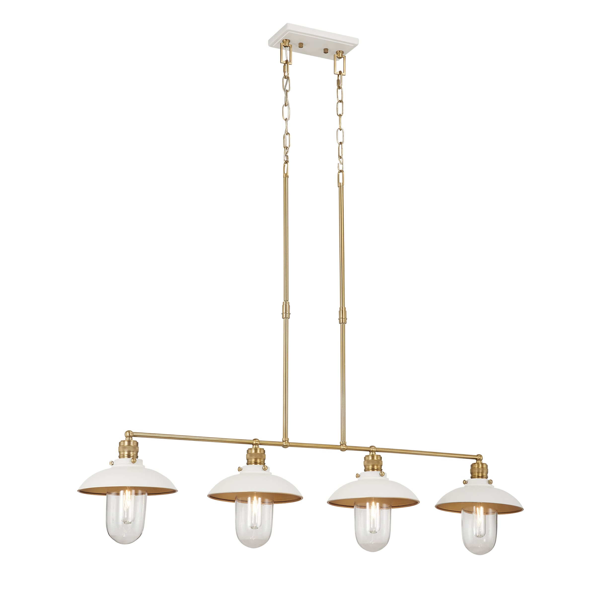 White and Brass 4-Light Linear Chandelier with Clear Glass Shades