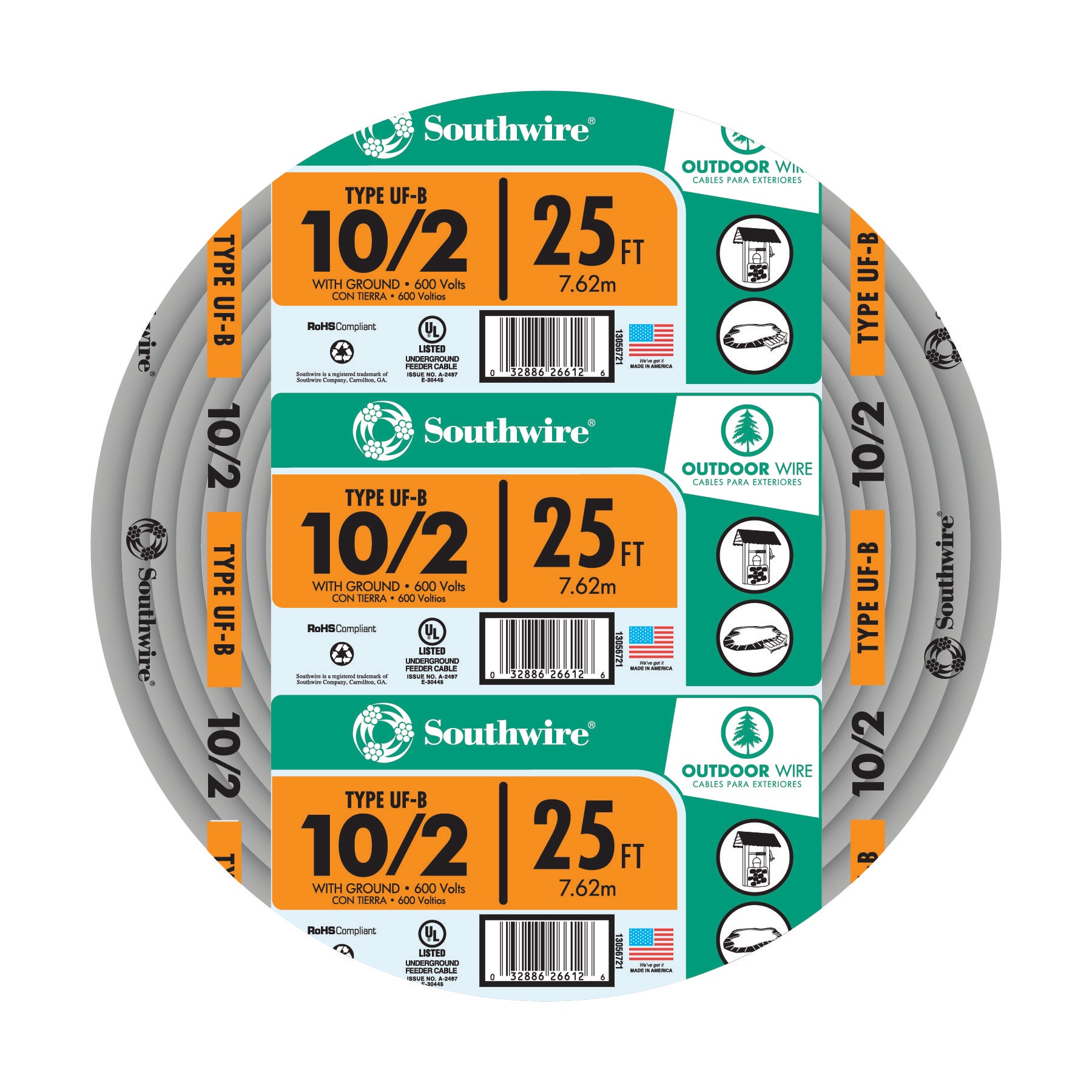 Southwire 13056721 25-ft 10 / 2 Solid UF-B Wire W/G ( By-the-roll )