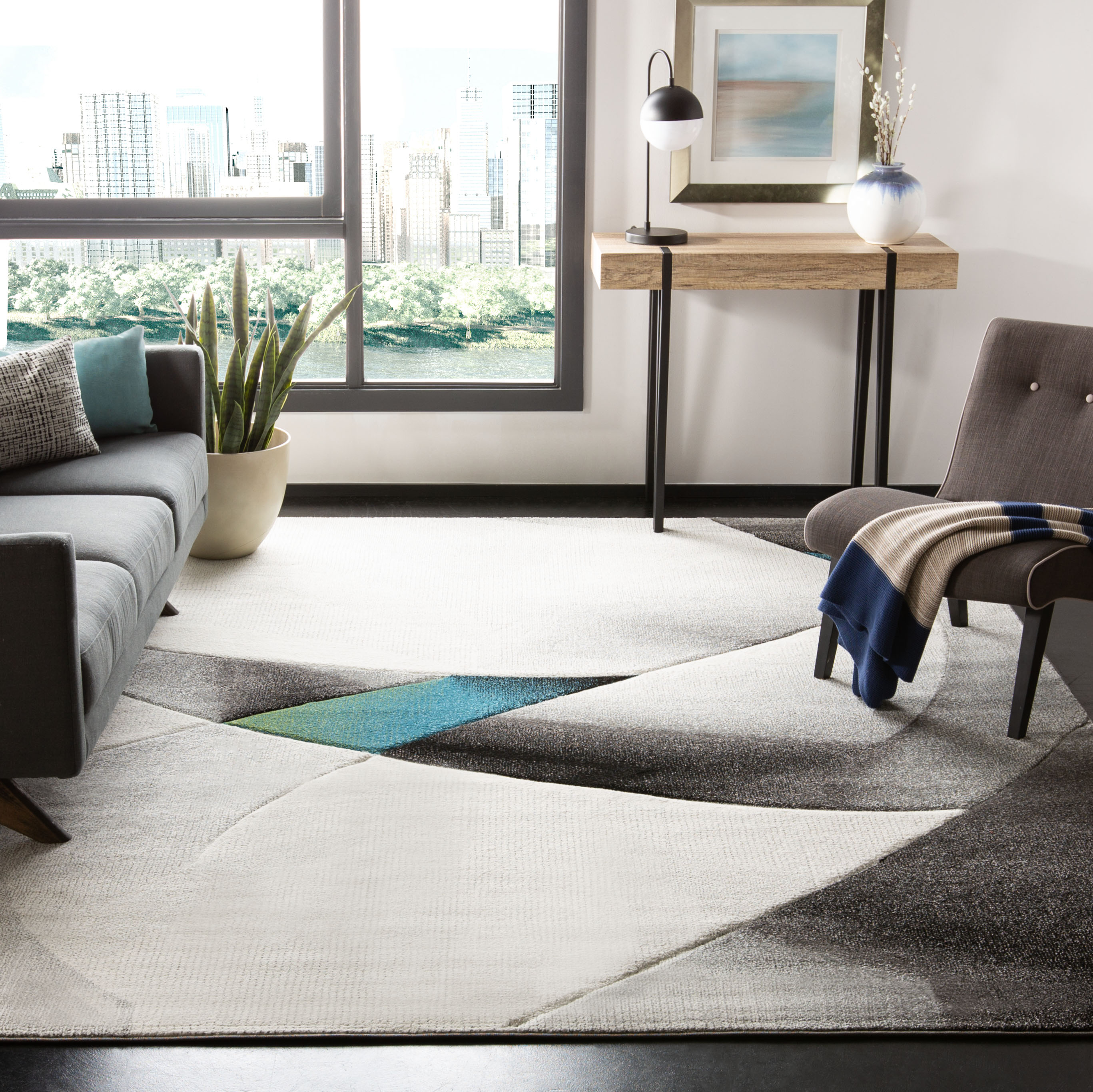 Safavieh HLW713D-9 Hollywood Carro 9 x 12 (ft) Loomed Polypropylene Gray/Teal Rectangular Indoor Abstract Mid-Century Modern Area rug