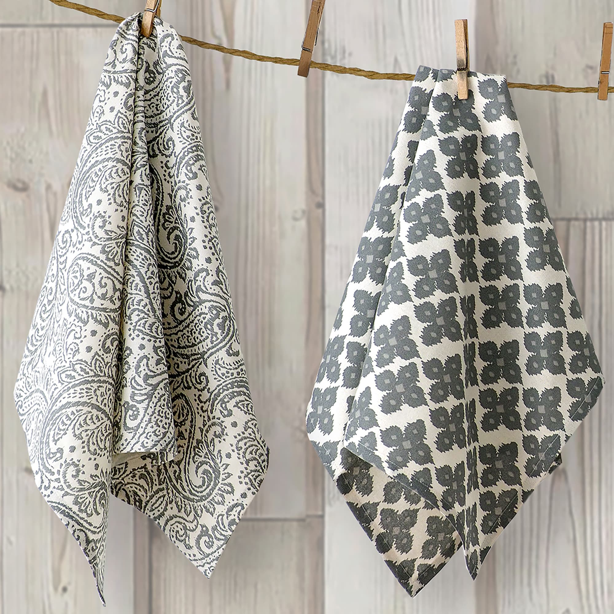 Gray Assorted Print Cotton Kitchen Towels Set of 4