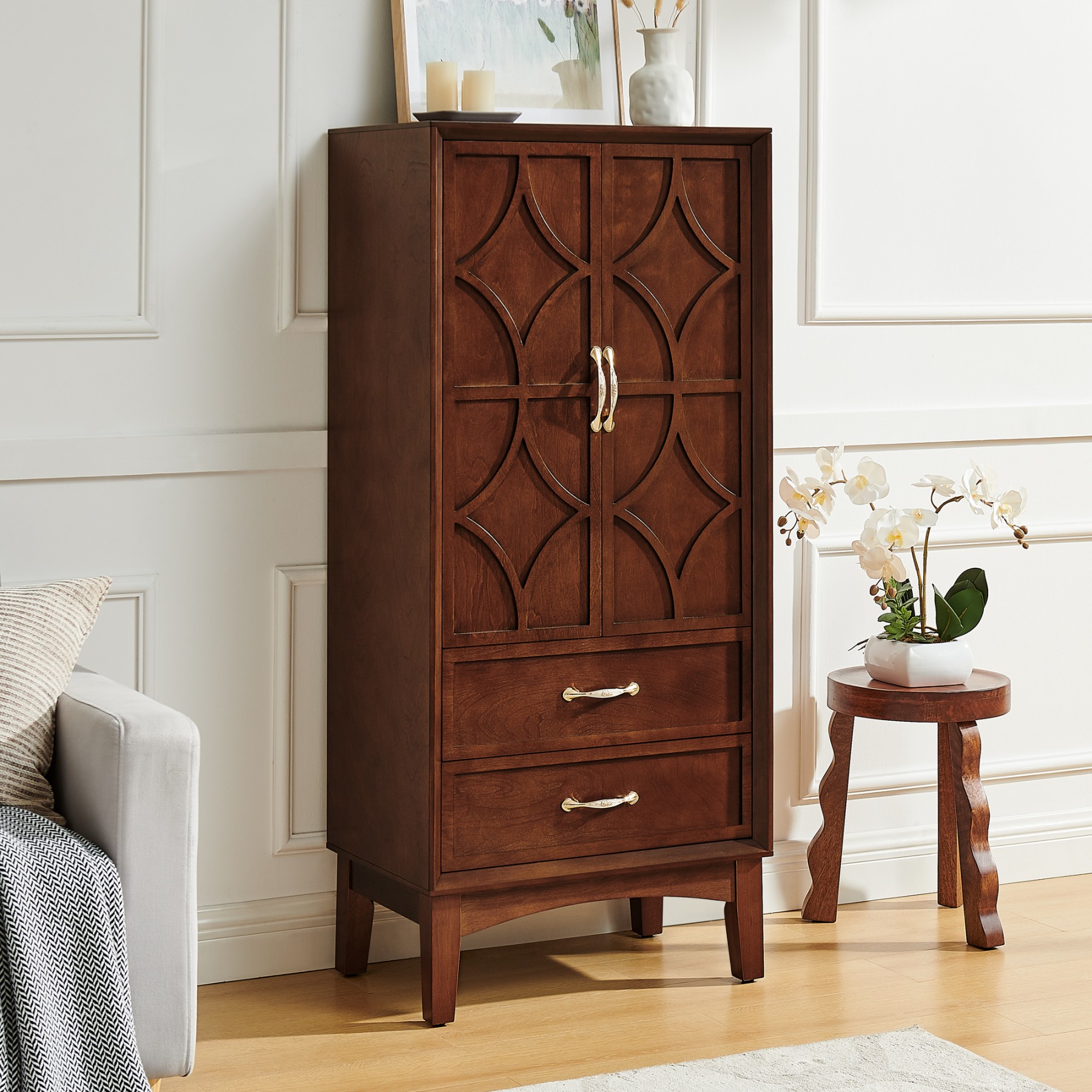 GlasFlength  54-Inch Tall Kitchen Pantry Storage Cabinet Modern Sideboard With Drawers Versatile Organization for Entryway Living Room Kitchen Garage Walnut