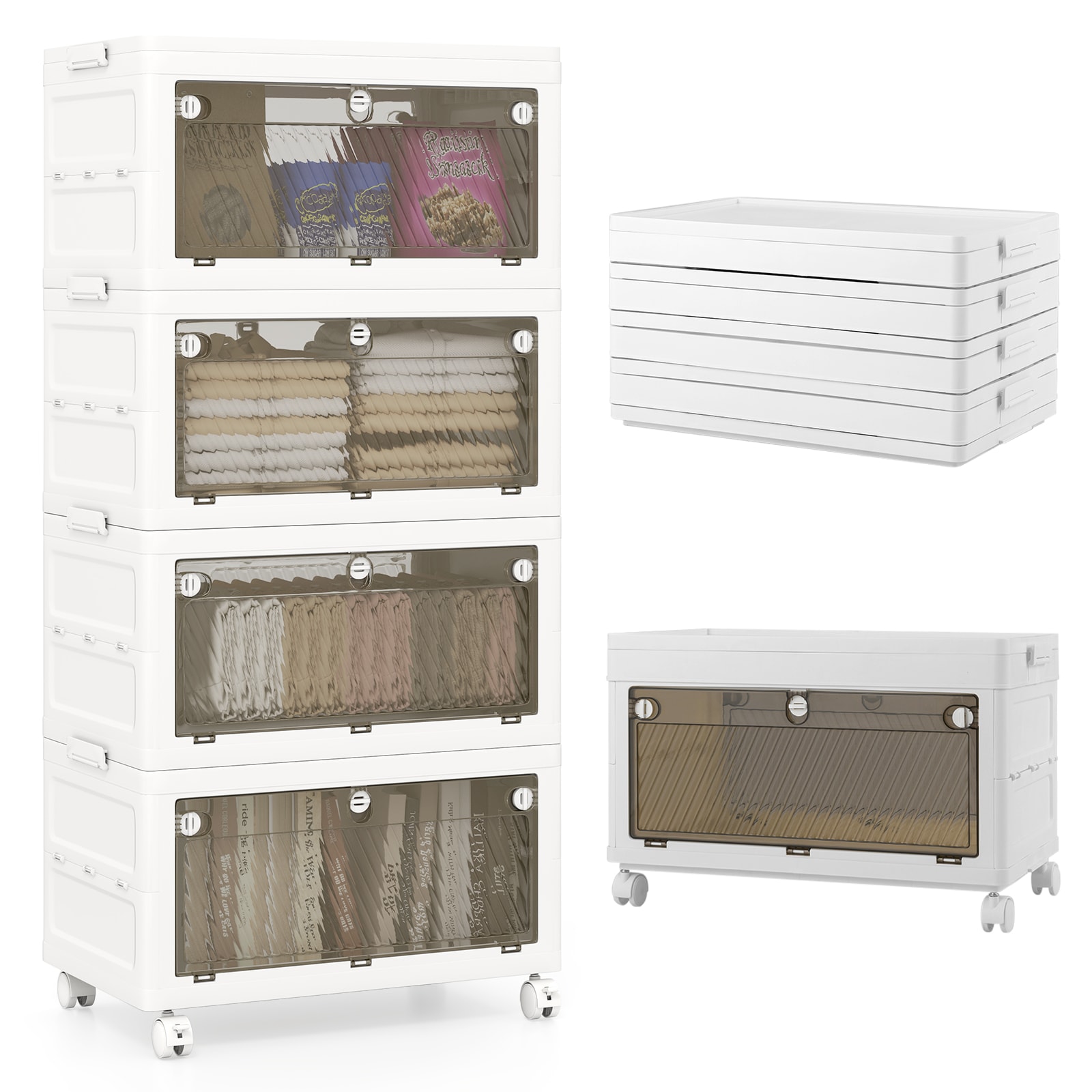 Slickblue 4-Piece Quick-Fold Storage Bin - 21 x 46 x 13- Inches - White and Brown Home Collapsible Organizer With Rolling Casters and Dual-Door Access for Closet and Bedroom