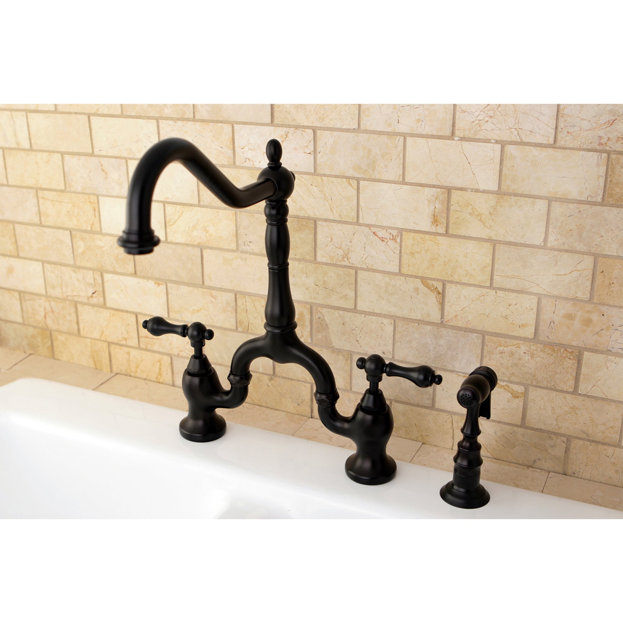 Kingston Brass WLKS7755ALBS English Country Oil Rubbed Bronze Double Handle Deck-mount Bridge Kitchen Faucet ( Side Sprayer Included )