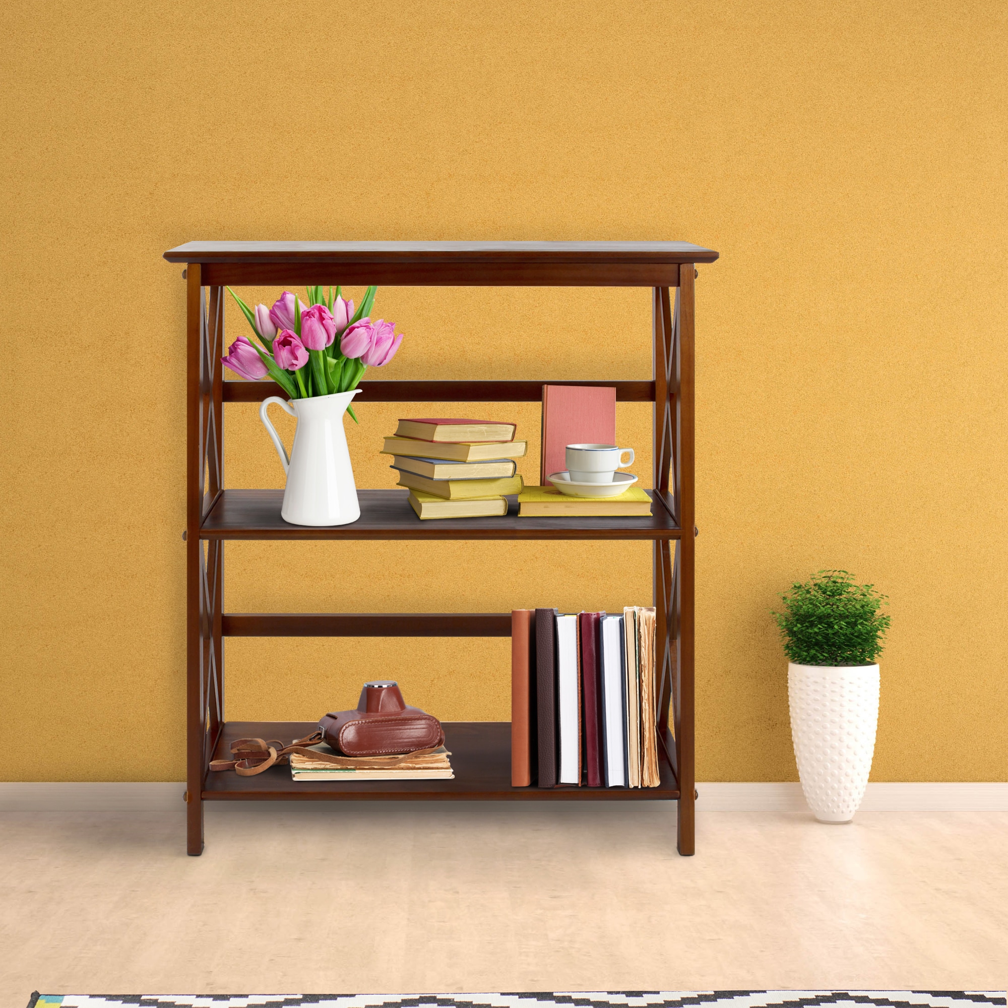 Contemporary Walnut Wood Bookcase with X-Design Doors