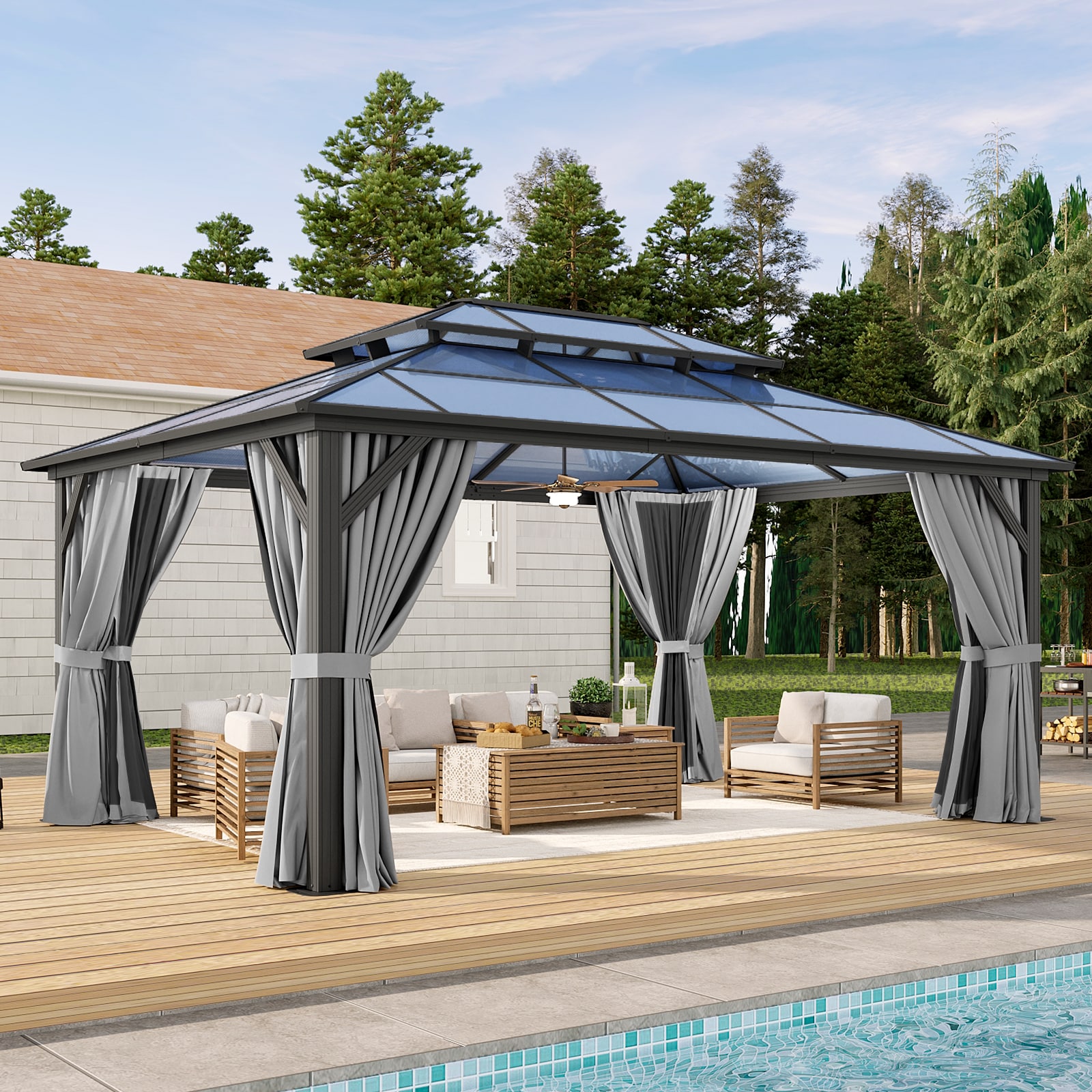 AOXUN AX-401G12 16-ft x 12-ft Outdoor Gazebos Gray Gazebo with Hardtop Roof (Screen Included)