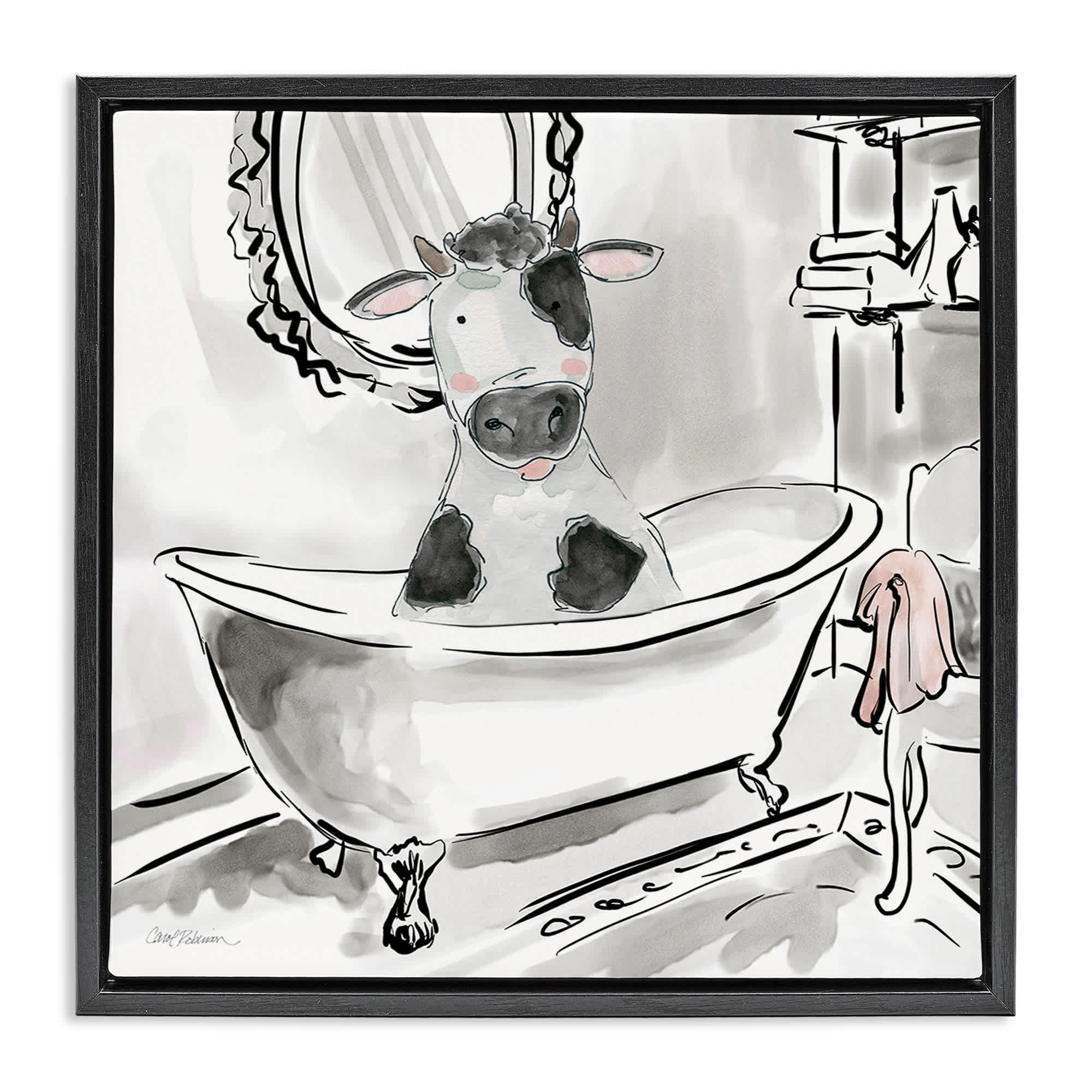 Stupell Industries BT-960-FFB-17X17 Minimal Bathtub Cow Black Framed Floater Canvas Wall Art By Carol Robinson 18 x 18