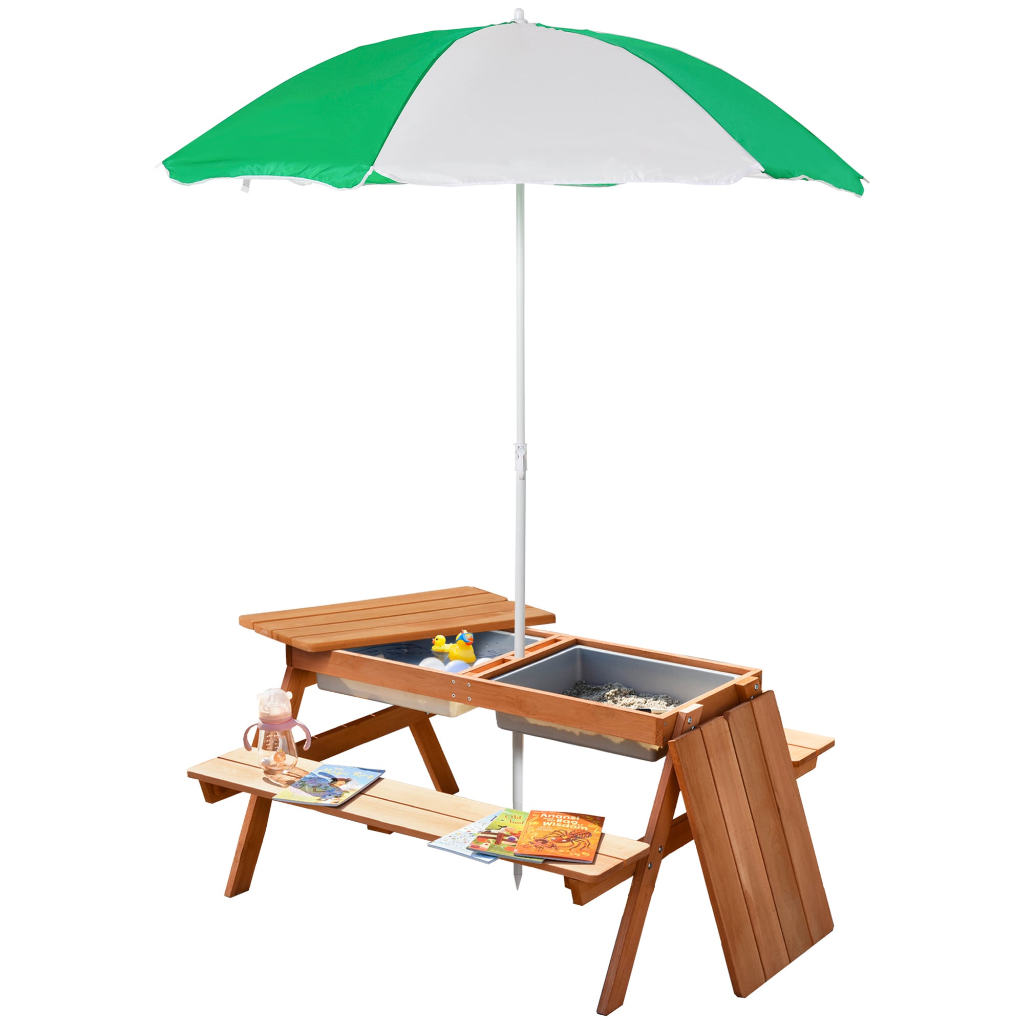 LOVMOR SFRW2225P217336 Kids Picnic Table with Umbrella and Storage Inside Sand and Water Table Kids Outdoor Furniture Wooden Bench Backyard Furniture for Garden Patio or Balcony