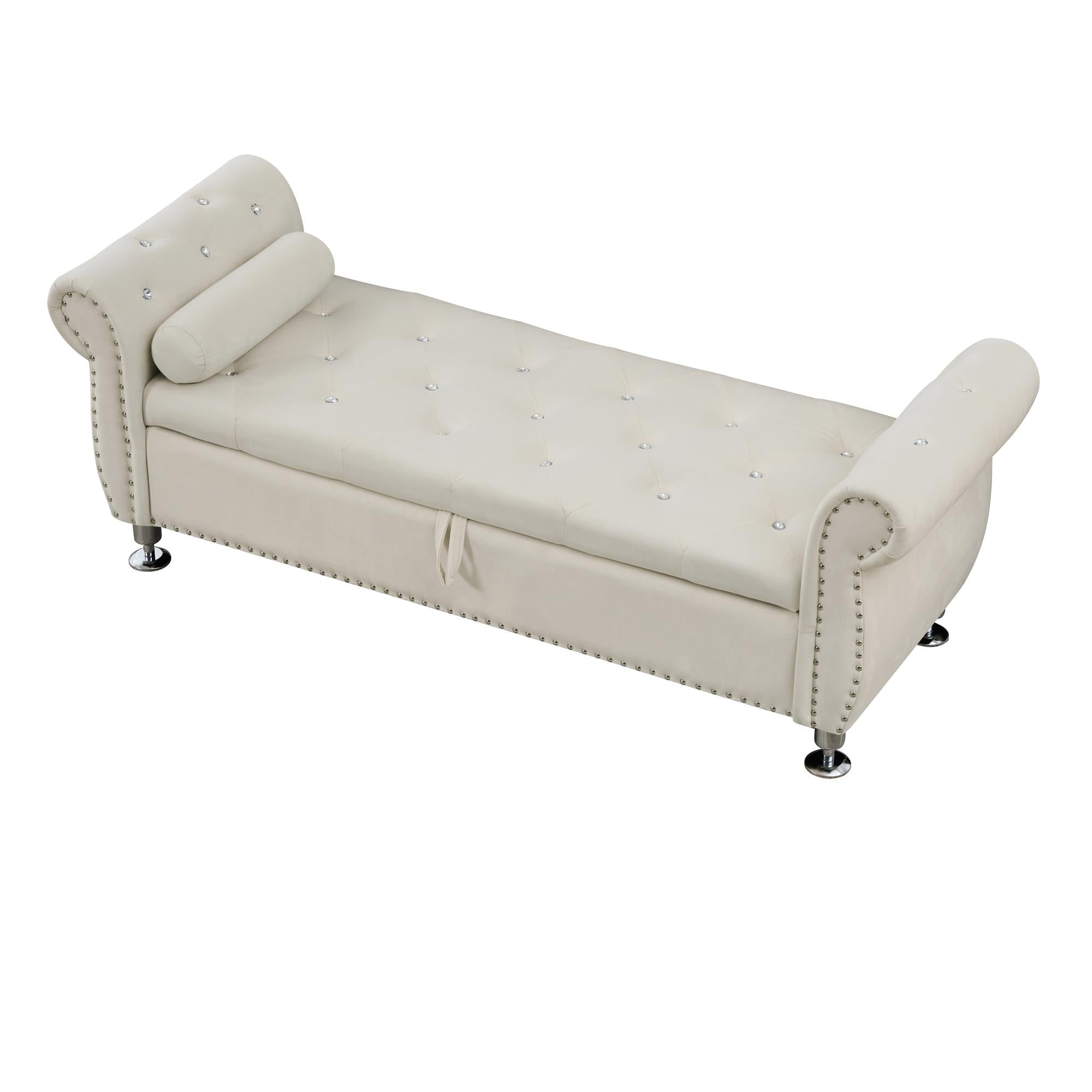 Boyel Living 62.2In Beige Velvet Storage Bench with Crystal Buttons Pillow for Bedroom Living Room