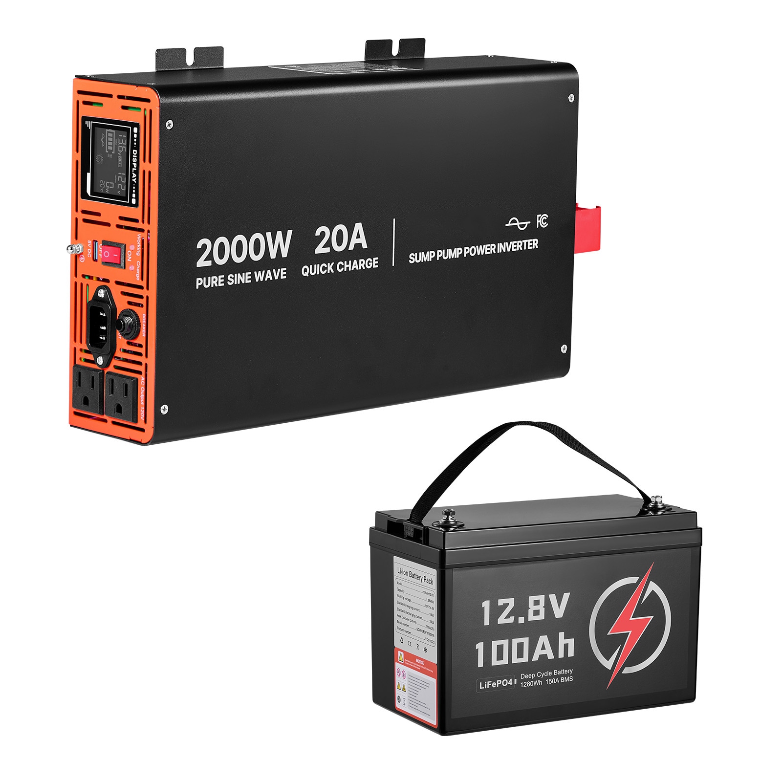 VEVOR Sump Pump Battery Bundle  2000W  Backup System with 100 Ah LiFePO4 Battery  Auto Switches to Inverter for Sump Pump  Pure Sine Wave  LCD Display  for Basement Protection Emergency Power Outage