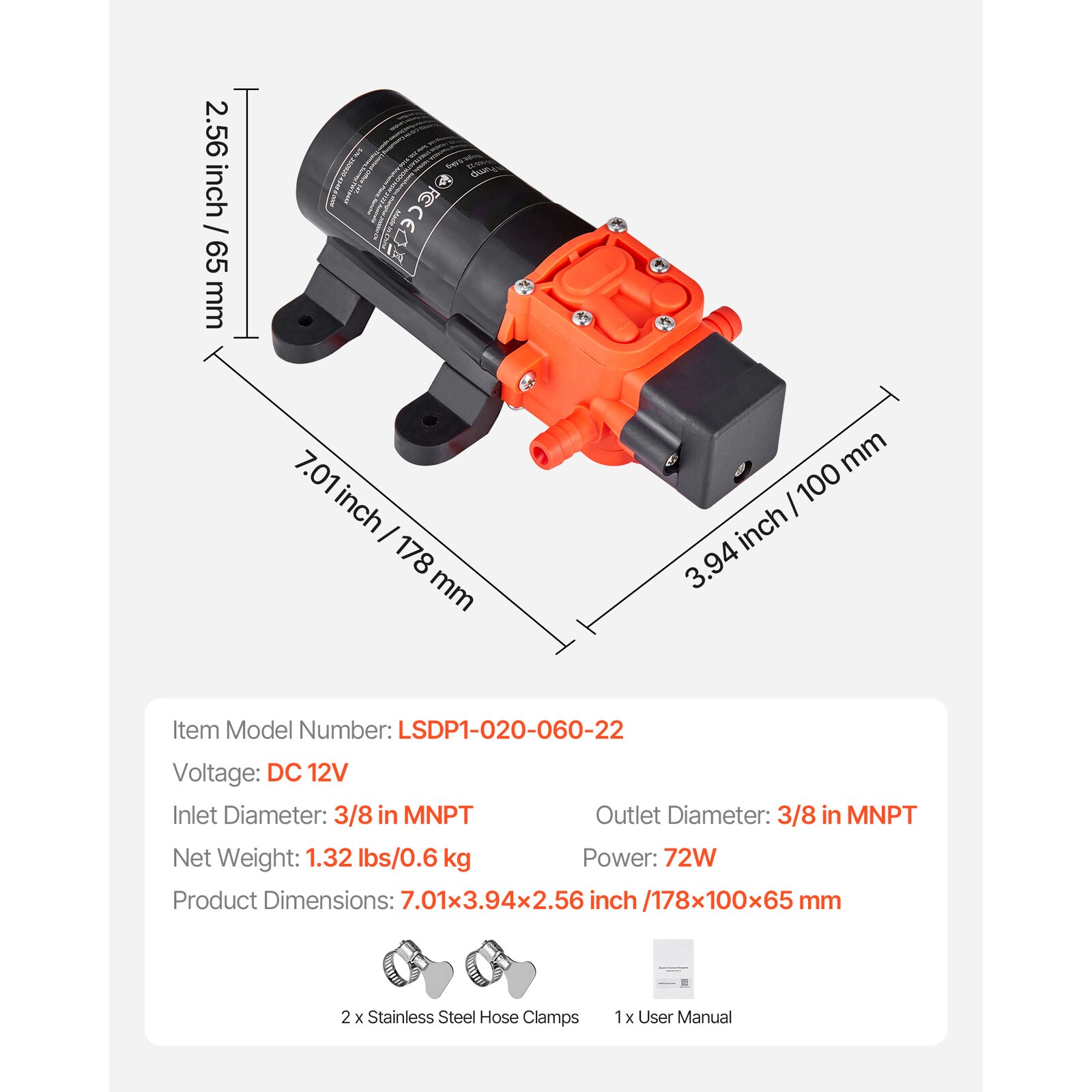Mecale Compact Water Pressure Pump 12V DC 1.2 GPM 80 PSI Self Priming 2 ...
