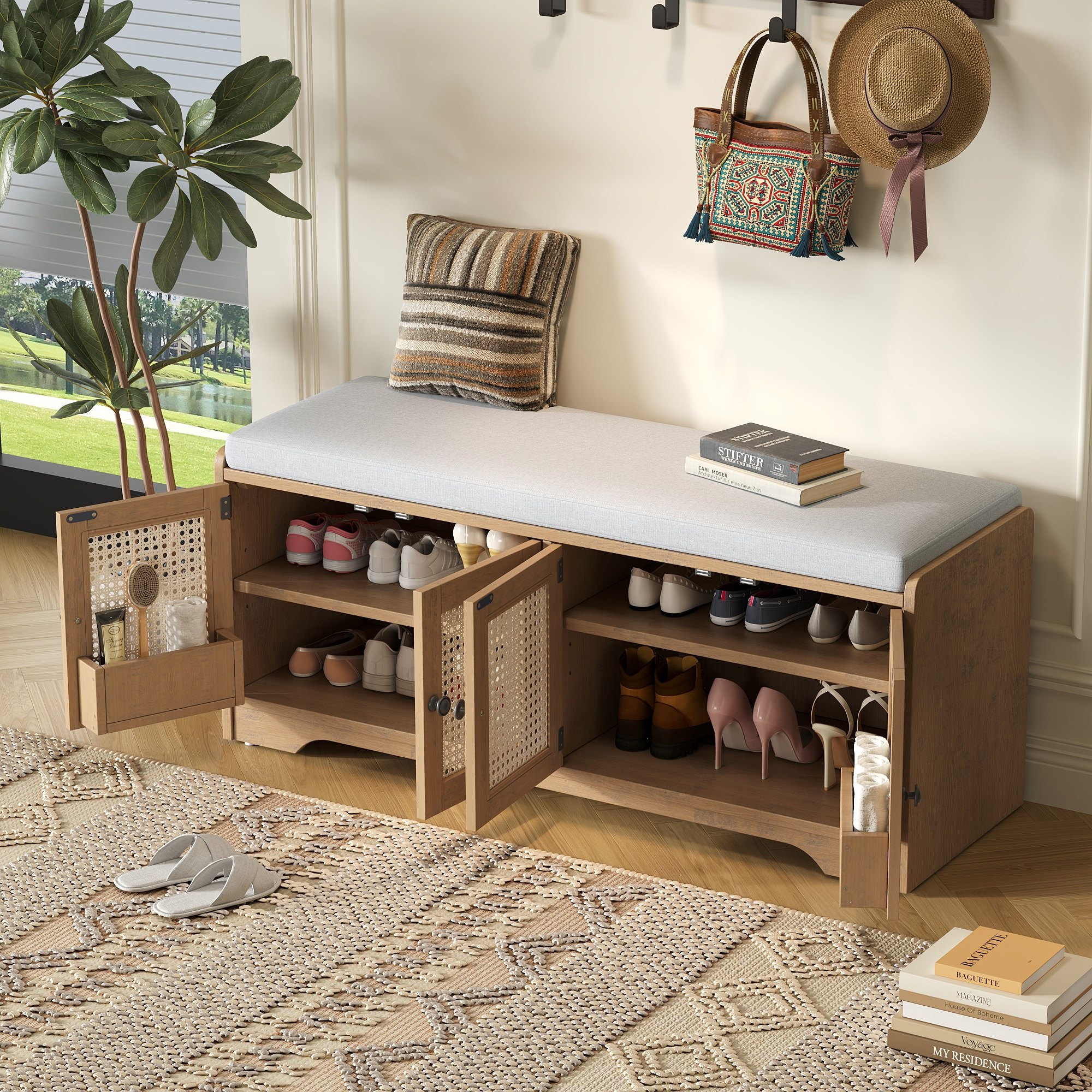 Horizons Prime 46 inch Brown and Beige Rustic Wood Entryway Storage Bench with Woven Rattan Doors and Removable Cushion