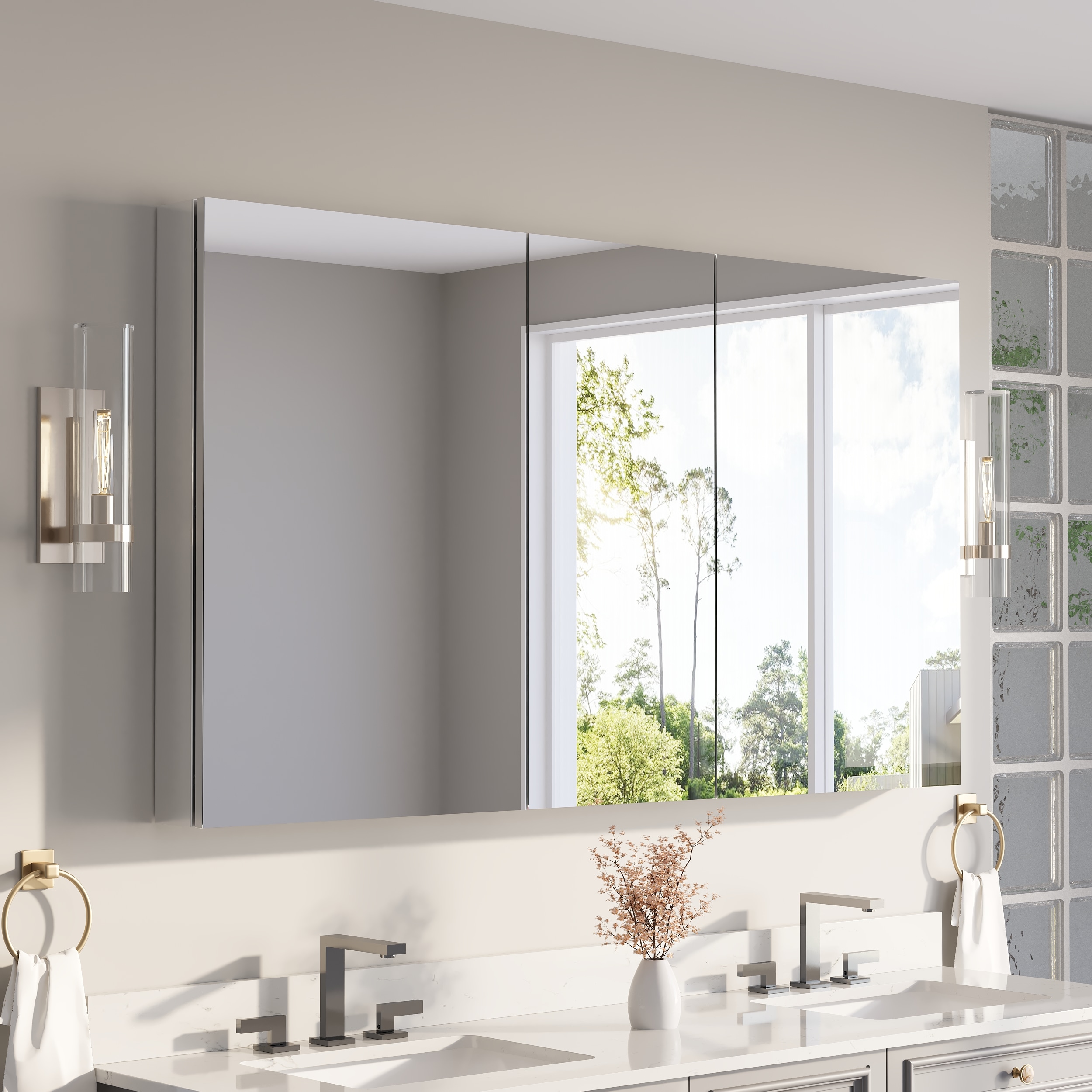 CALVON Medicine Cabinet 64-in x 36-in Surface/Recessed Mount Chrome Aluminum Mirrored Rectangle Soft Close Medicine Cabinet