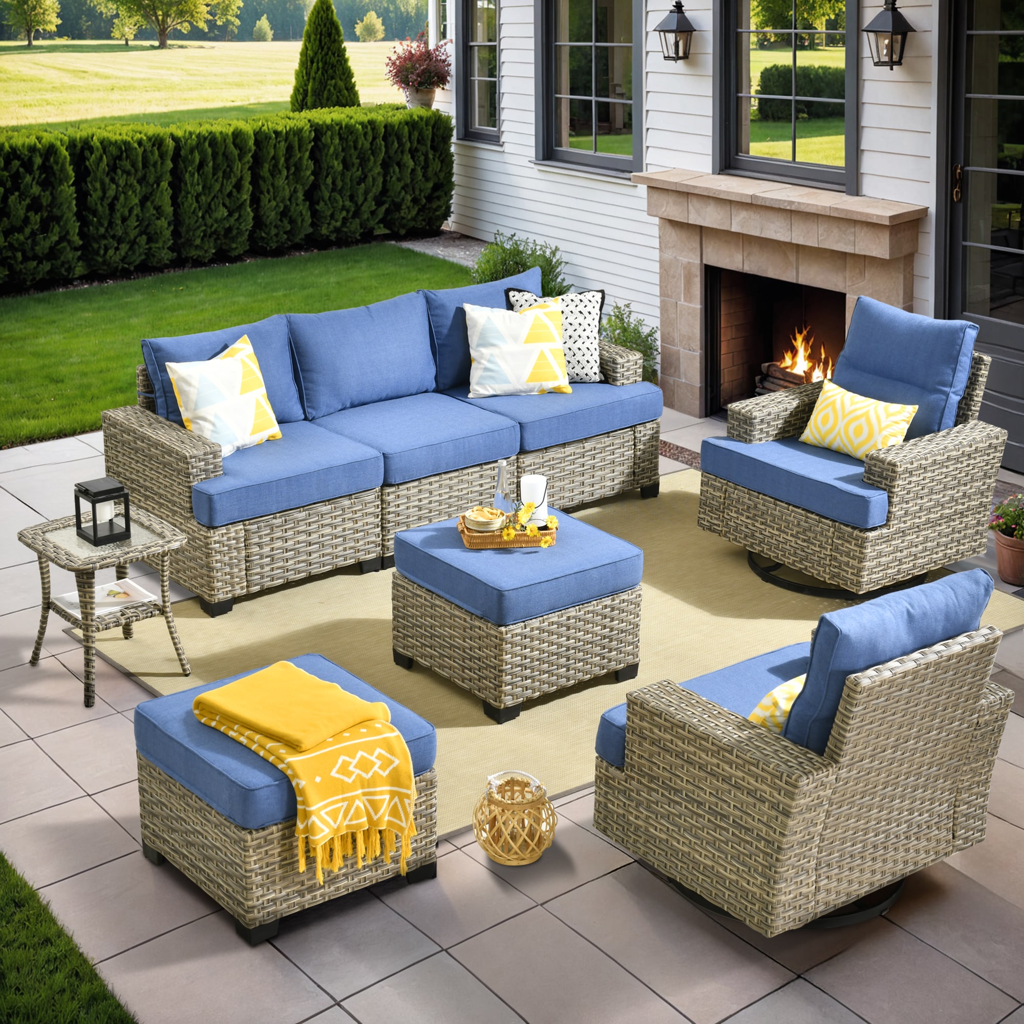 XIZZI XITBS5064-RC3 Agate 6-Piece Rattan Patio Sofa Conversation Set with Blue Cushions