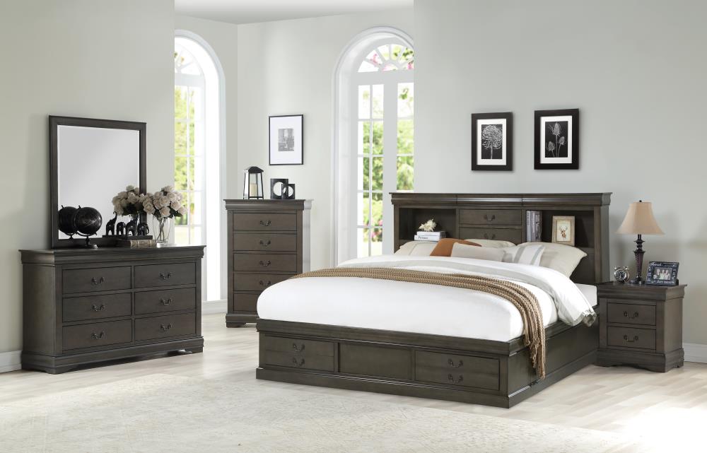 ACME FURNITURE Louis Philippe III Dark Gray King Wood Upholstered Bed ...
