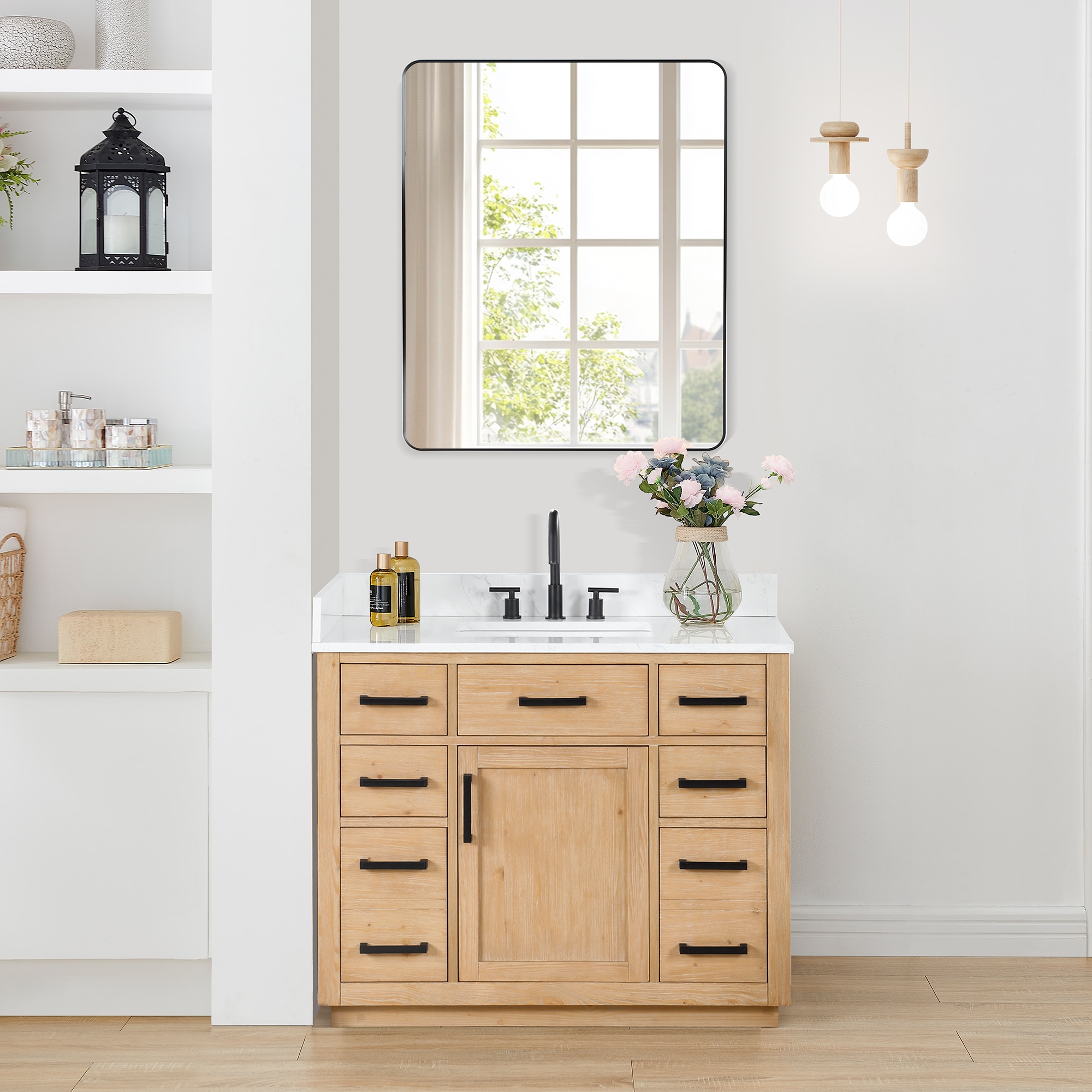 Altair 557042-LB-GW Gavino 42-in Light Brown Finish Undermount Single Sink Bathroom Vanity with Grain White Engineered Stone Top (Mirror Included)