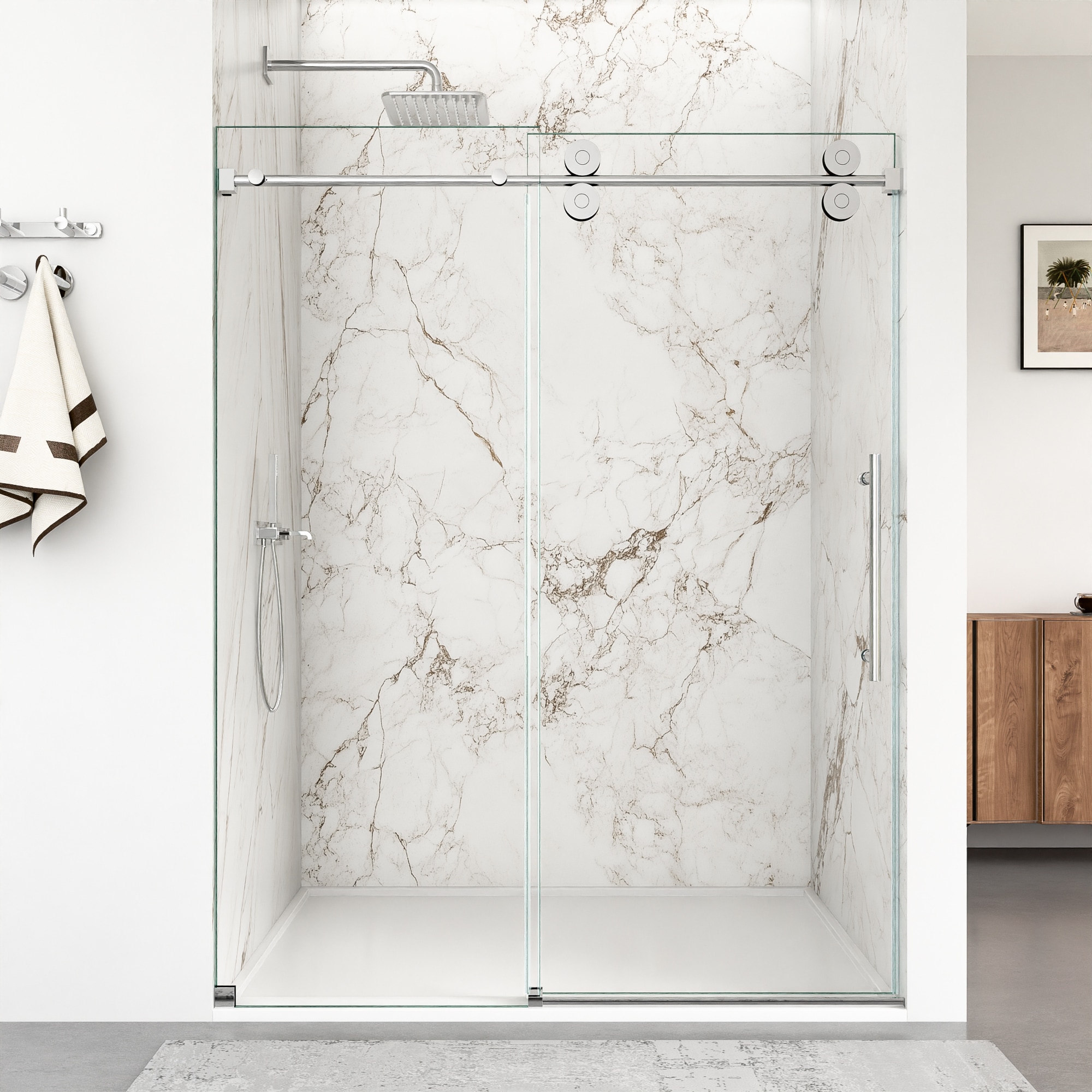 AAZJ Shower Door Chrome 56-in to 60-in W x 72-in H Frameless Clear Glass Bypass Sliding Shower door