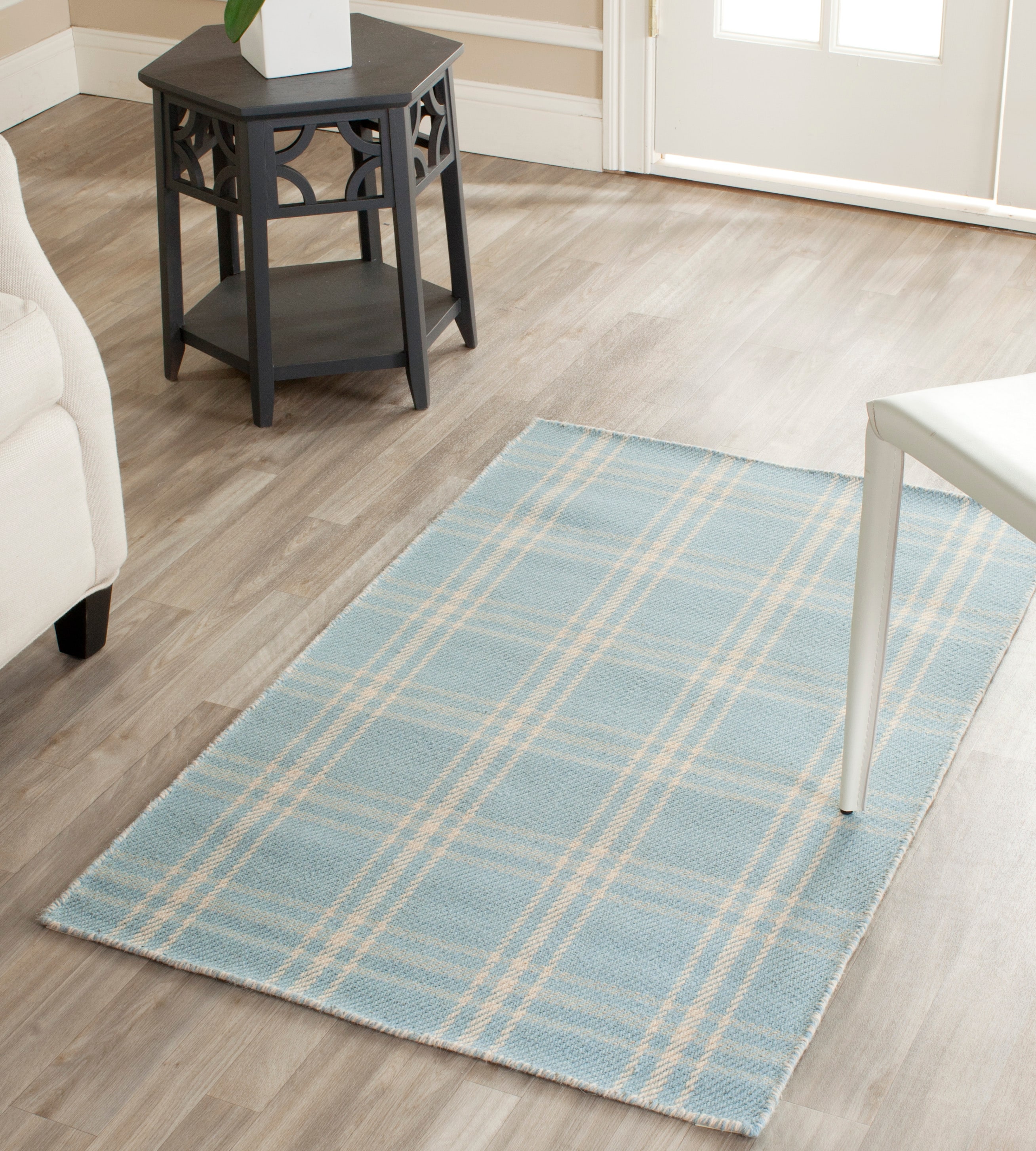 Light Blue Plaid Wool and Cotton Flat Woven Rug