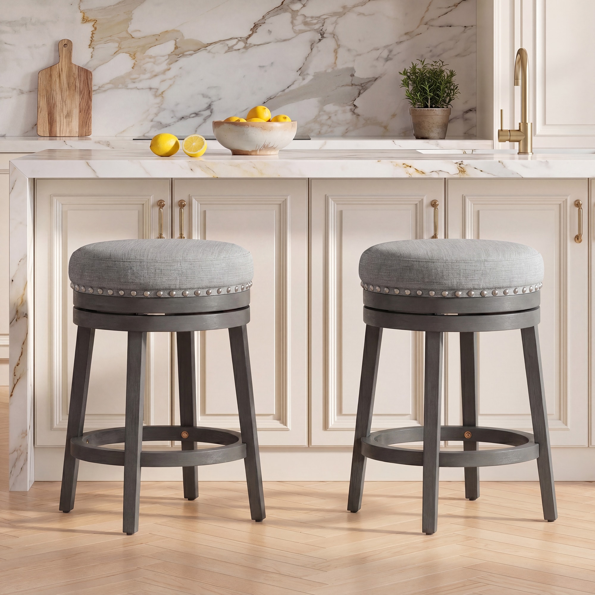 ViviHav Set of 2 Gray 360-Degree Swivel Round Counter Height Bar Stool with Nailhead Trim